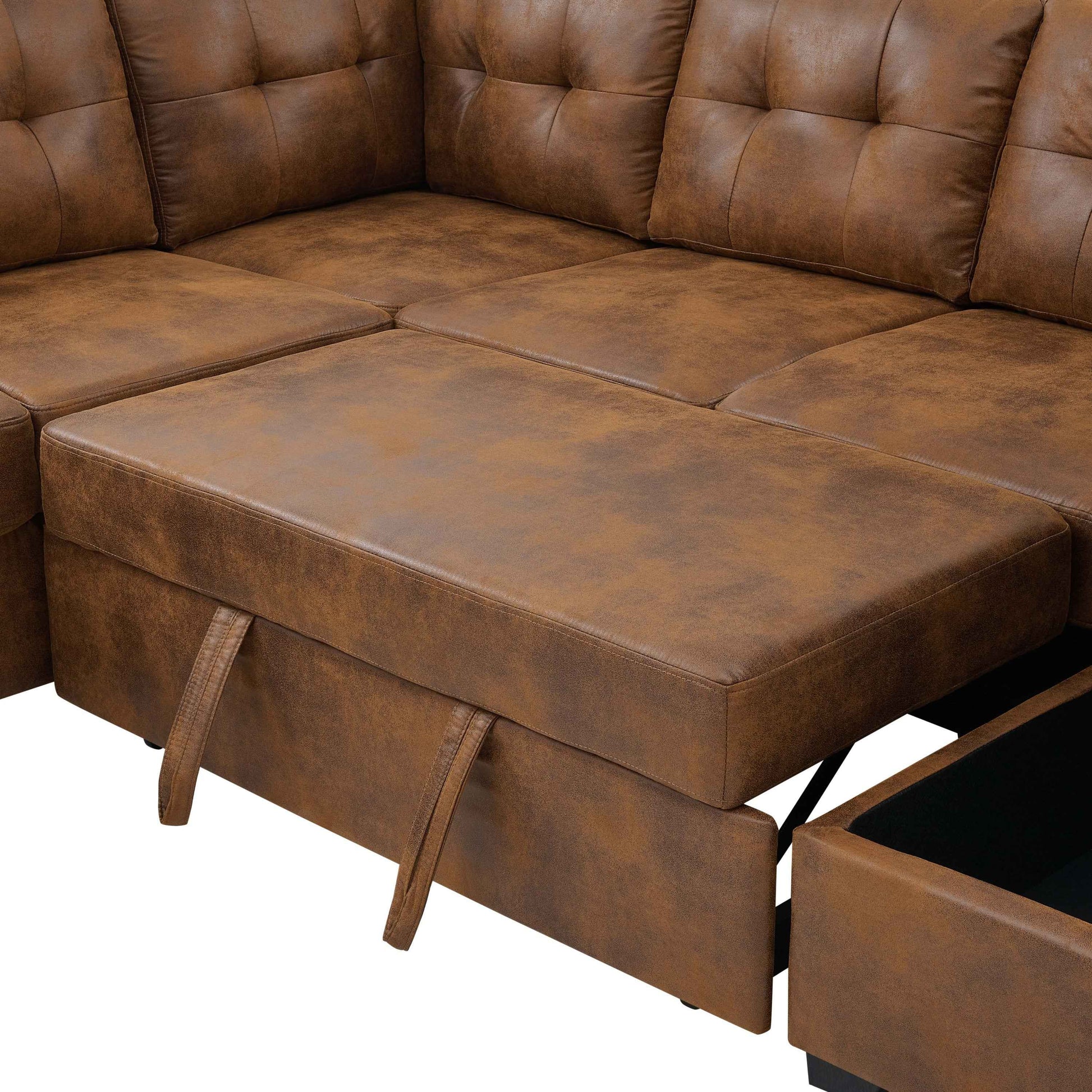 Faux Leather Fabric U-Shape Sectional Sleeper Sofa (Pull-Out Bed) With Storage Chaise