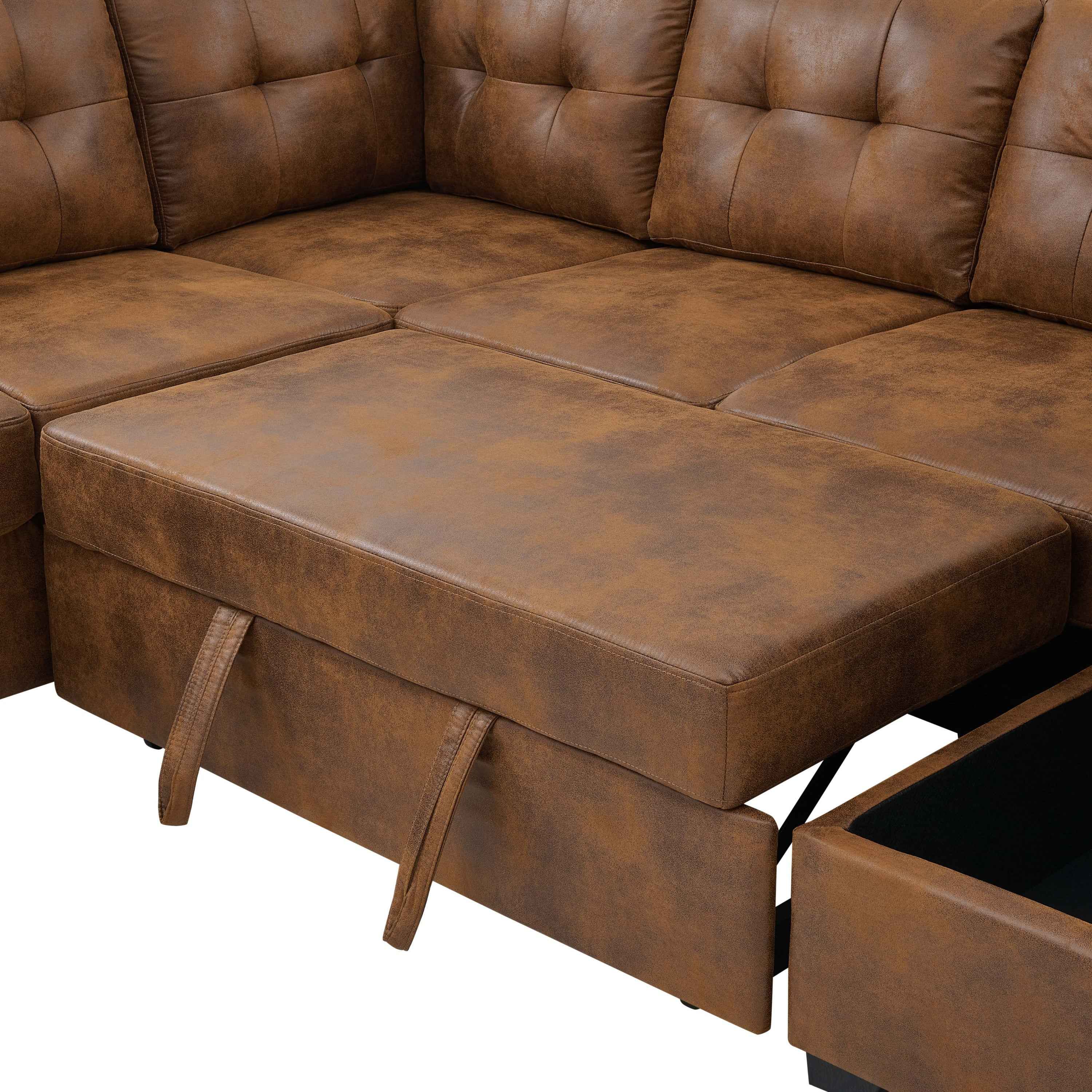 Faux Leather Fabric U-Shape Sectional Sleeper Sofa (Pull-Out Bed) With Storage Chaise