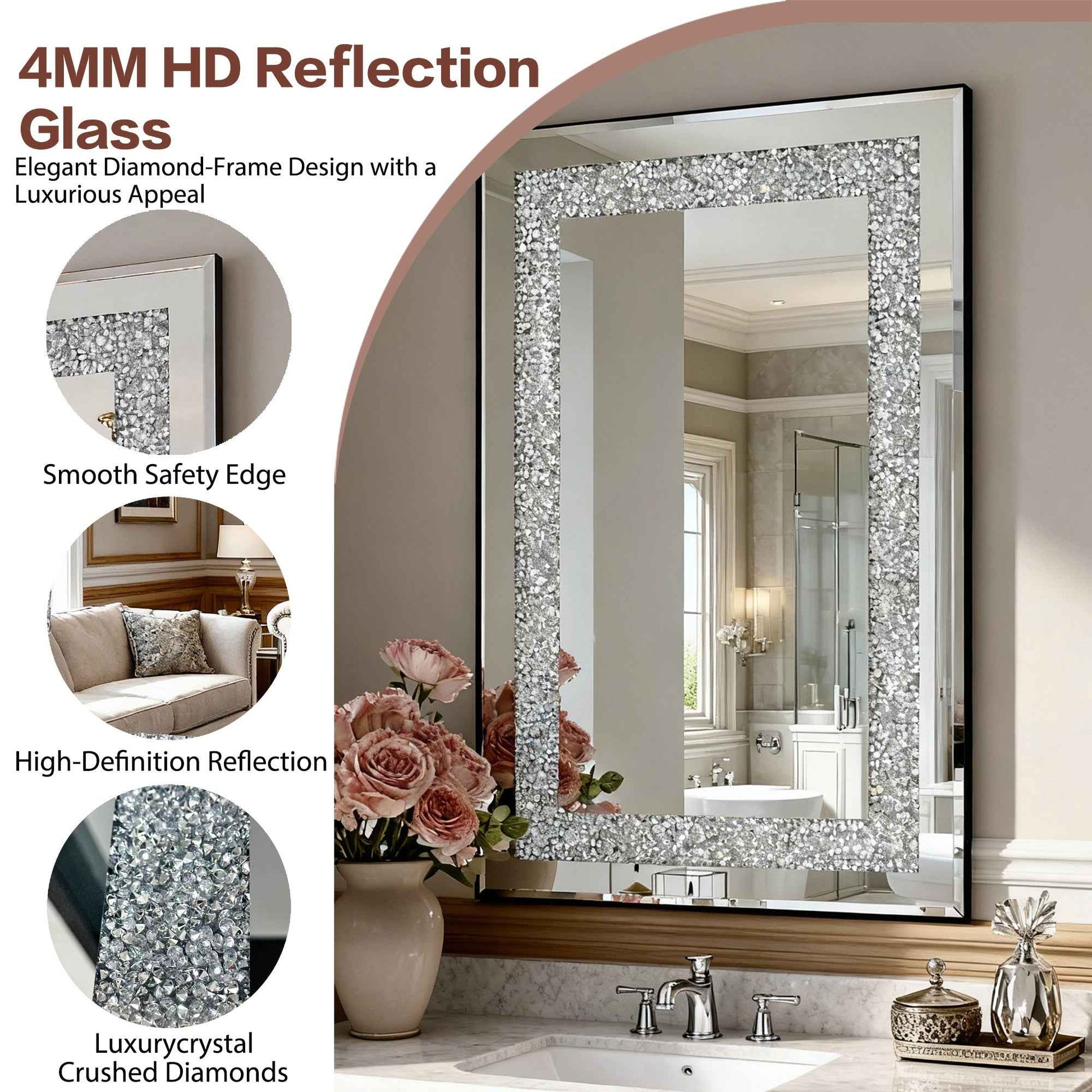 Crystal Crush Diamond Rectangle Silver Mirror for Wall, Large 36x24 Inch Modern Decorative Hanging Mirror with Beveled Edge, for Living Room, Bedroom, Entryway
