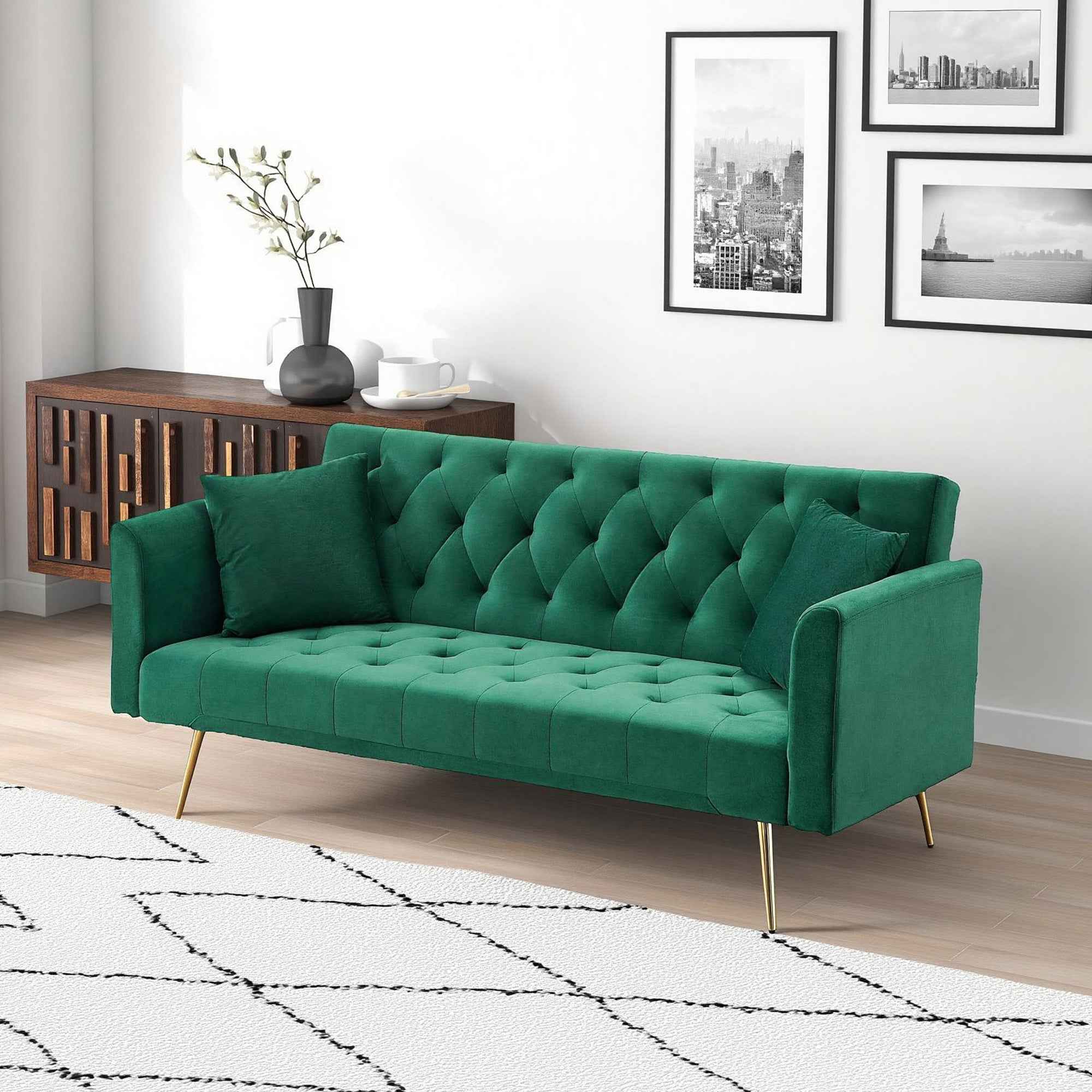 71 inch convertible love seat sofa, American retro  green velvet, suitable for small living room, bedroom, office