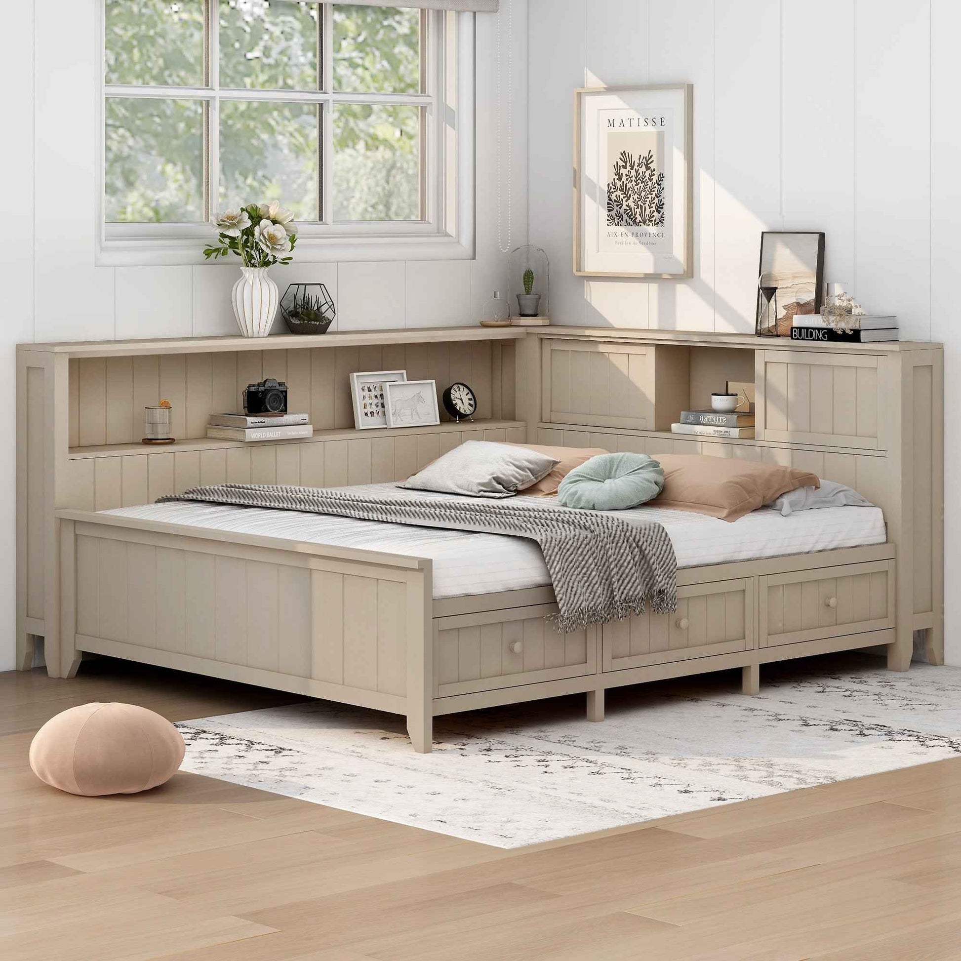 Full Size Wood Daybed with Storage Shelves and 3 Drawers in Antique White Milk Finish, Solid Pine Wood+MDF