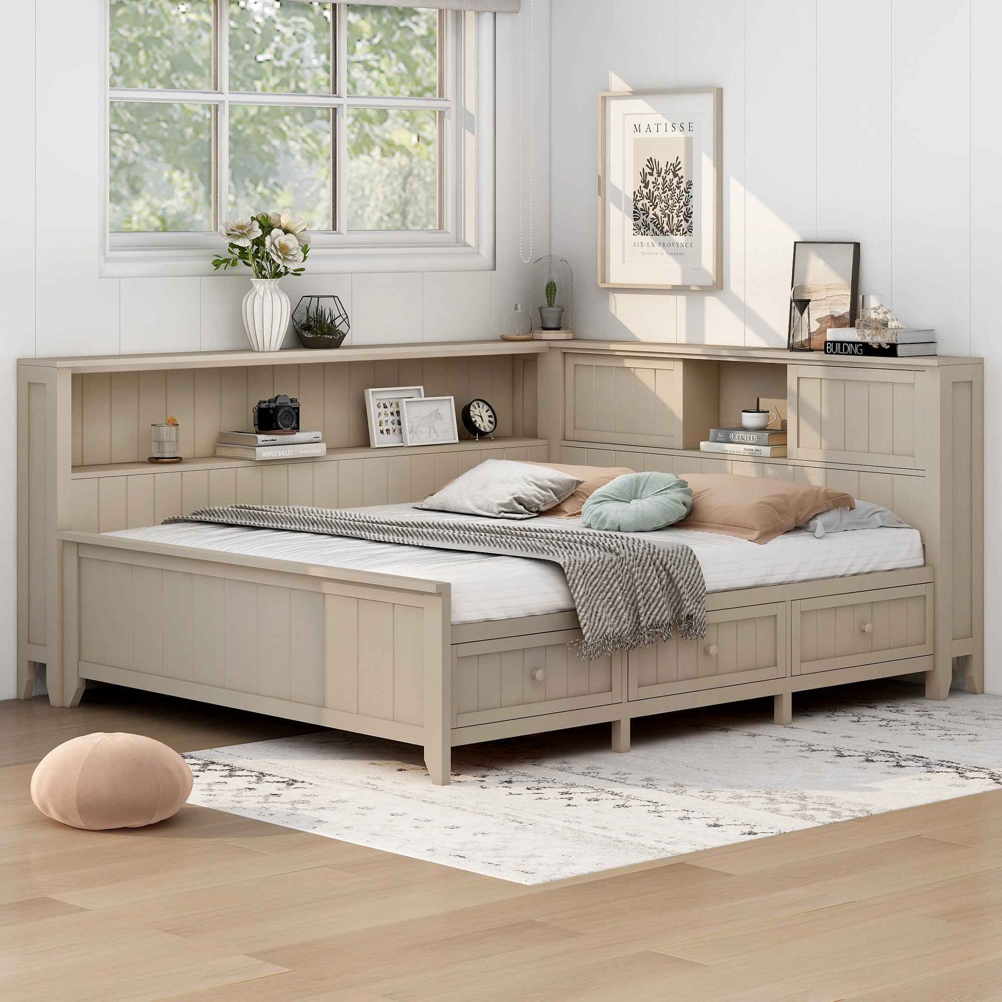 Full Size Wood Daybed with Storage Shelves and 3 Drawers in Antique White Milk Finish, Solid Pine Wood+MDF