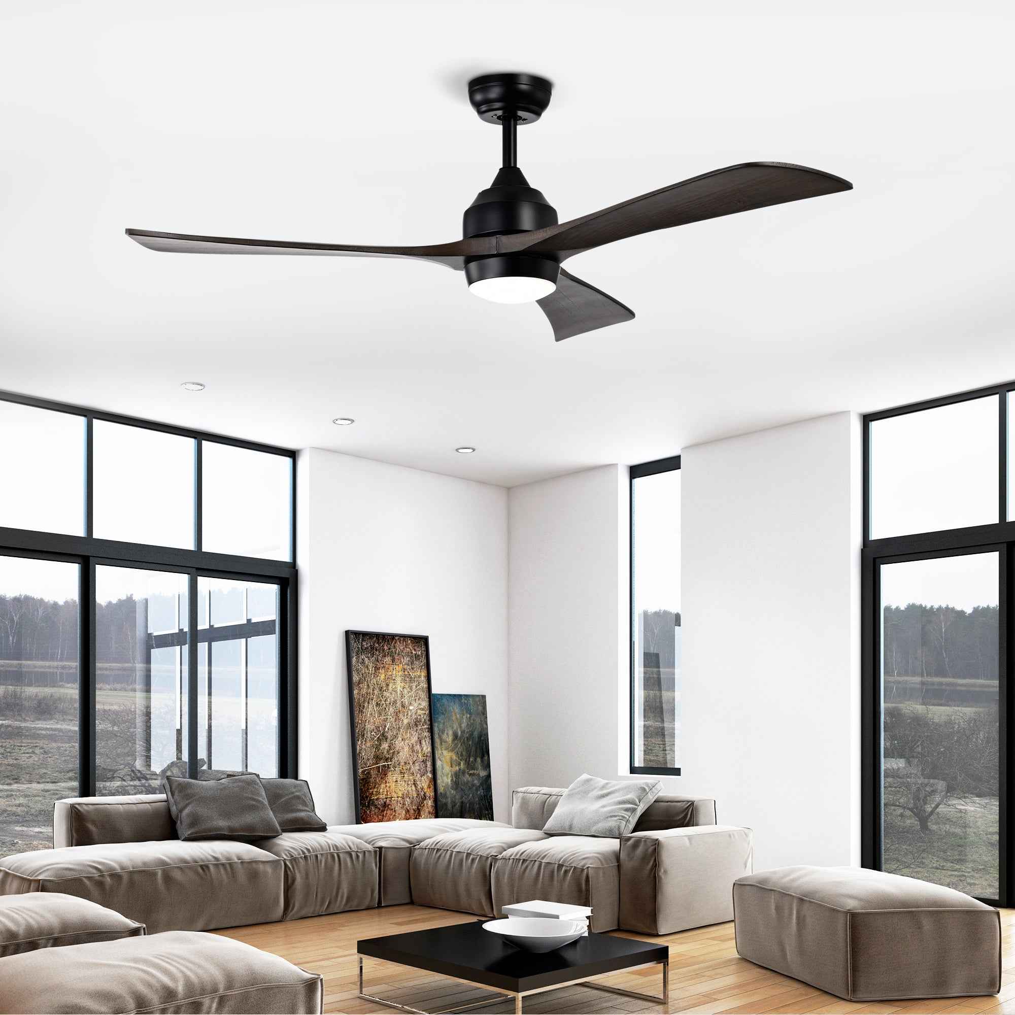 52' Ceiling Fan with Lights Remote Control,Quiet DC Motor 3 Blade Ceiling Fans 6 Speed Levels,Reversible Ceiling Fan, for Patio Living Room, Bedroom, Office,Indoor.(Matte Black +Black Walnut )