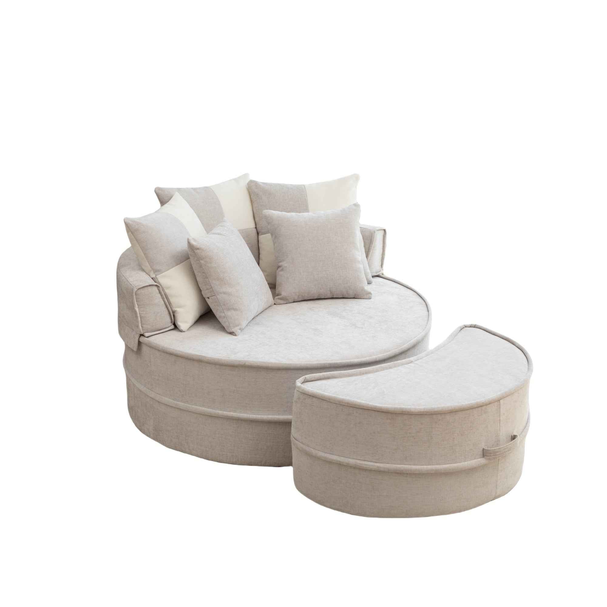 Modern Oversized  Gray Round Barrel Accent Chair with Ottoman – Velvet Upholstered Lounge Armchair with 5 Pillows for Living Room or Bedroom
