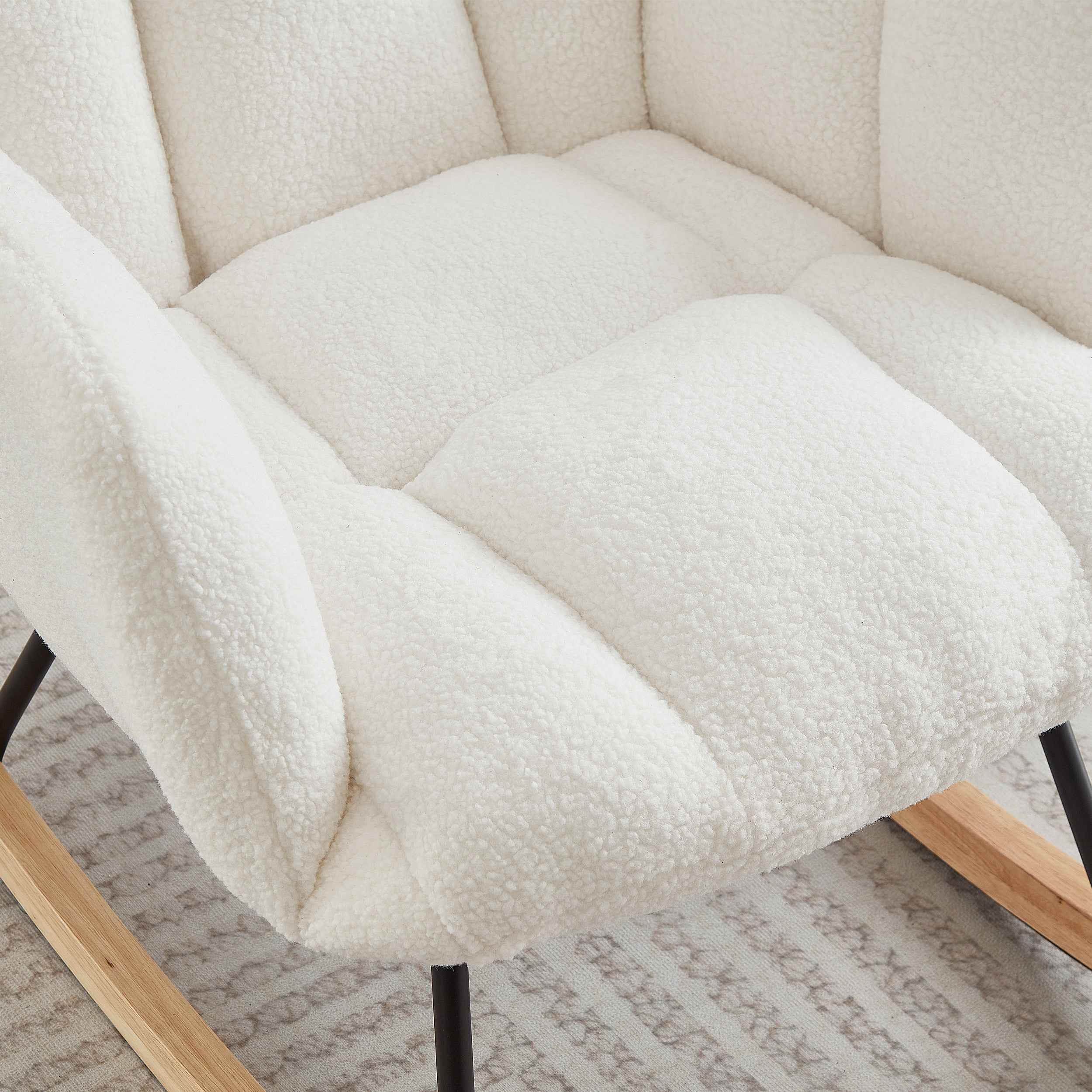 Glider Chair for Living Room Tufted Upholstered Teddy Fabric Rocking Chair with Metal Frame Accent Chair Ivory White
