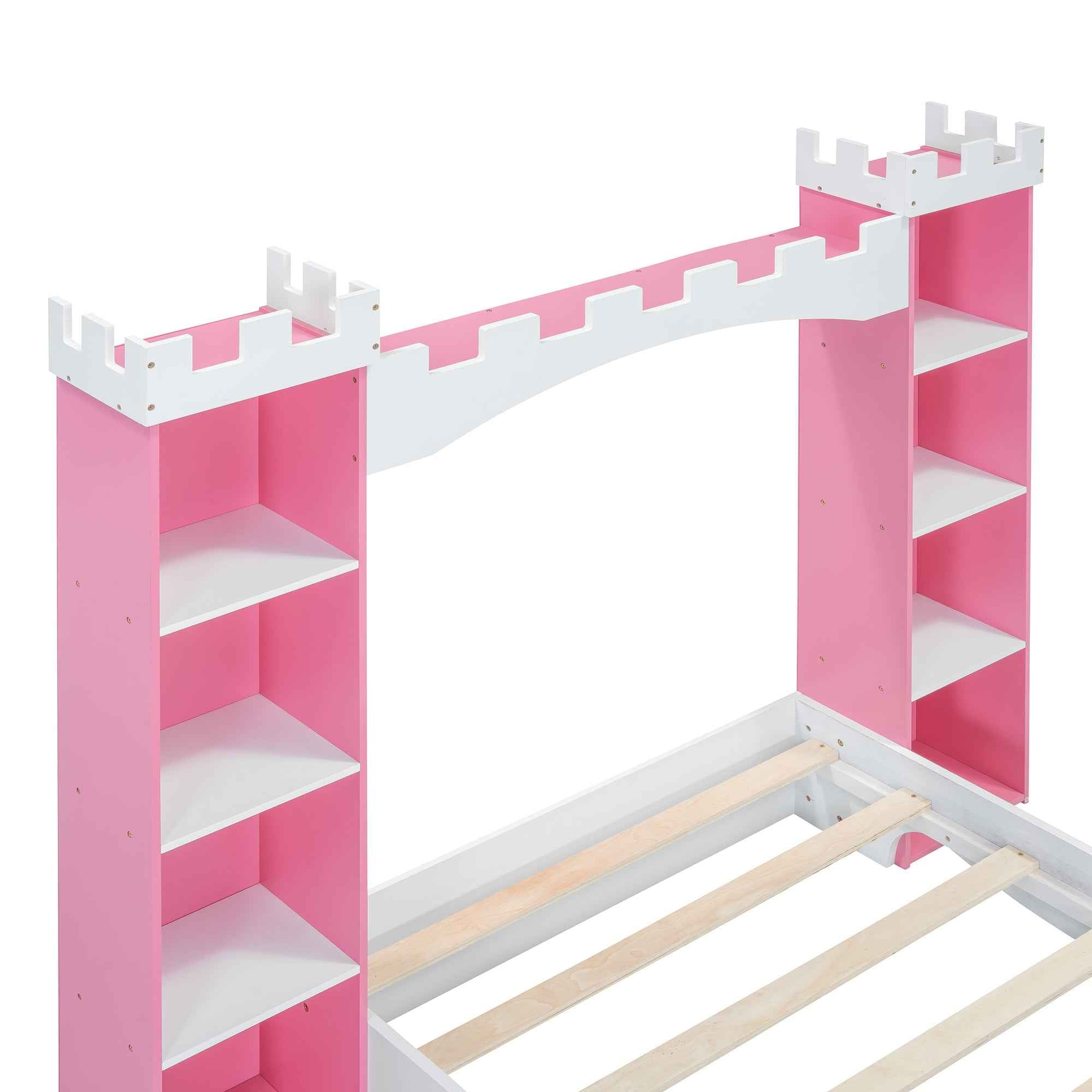 Castle-Shaped Wooden Bed with Storage Shelf, Dreamy Twin Size Platform Bed for Kids Bedroom, White + Pink(Expected Arrival Time:8.14)