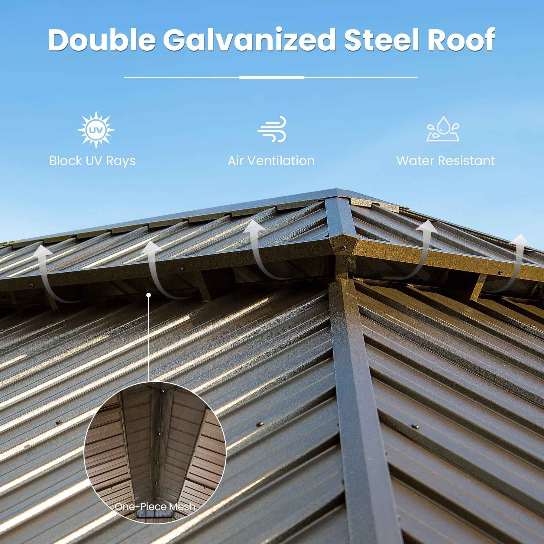 14' X 22' Hardtop Gazebo, Upgraded Metal Gazebo with Drainage System, Dual-Layer Galvanized Steel Roof, Curtain and Netting, Outdoor Shelter Canopy for Patio, Garden, and Backyard, Brown
