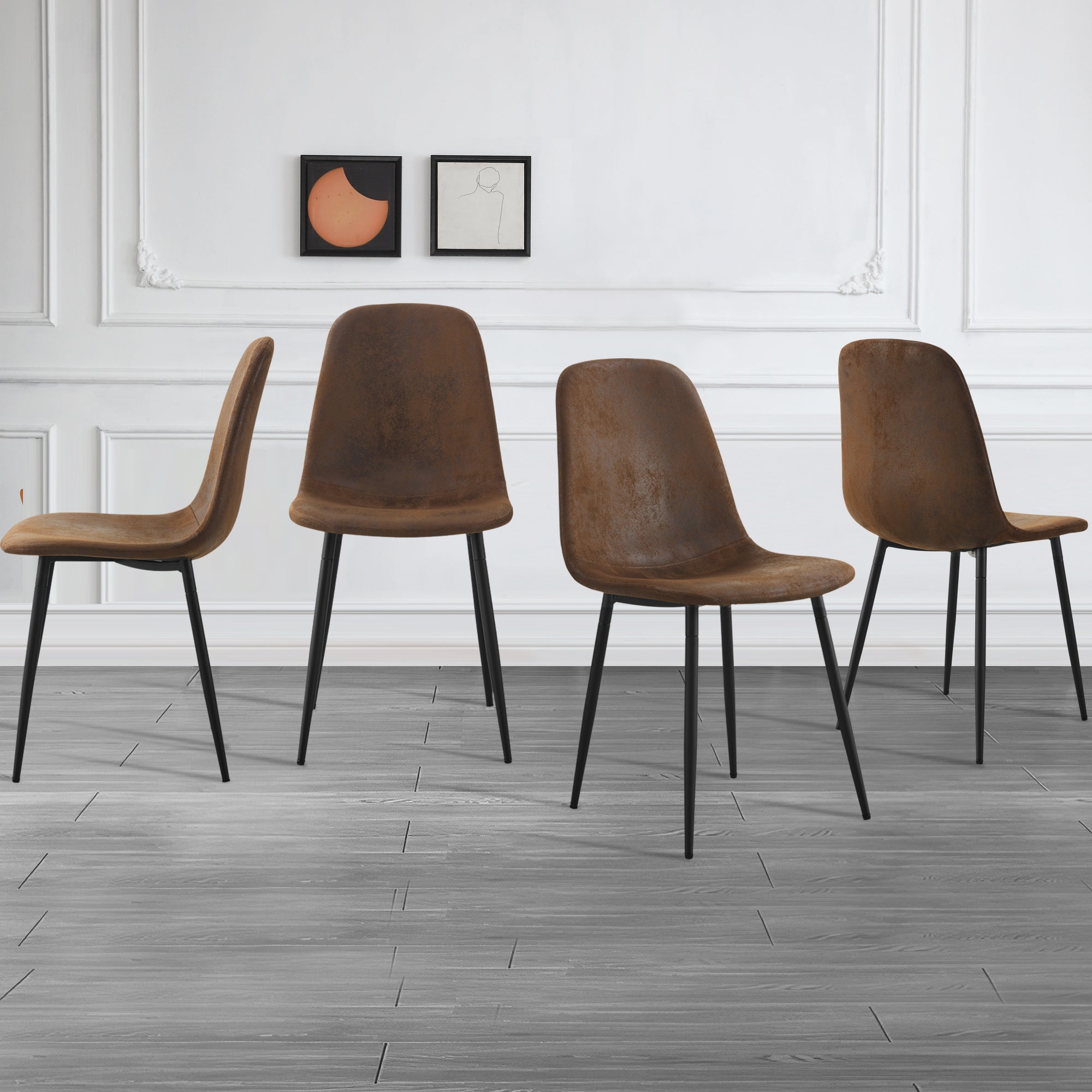 A set of 4 modern medieval style restaurant cushioned side chairs, equipped with soft cushions and black metal legs, suitable for kitchens, lounges, and farmhouses. B0501A