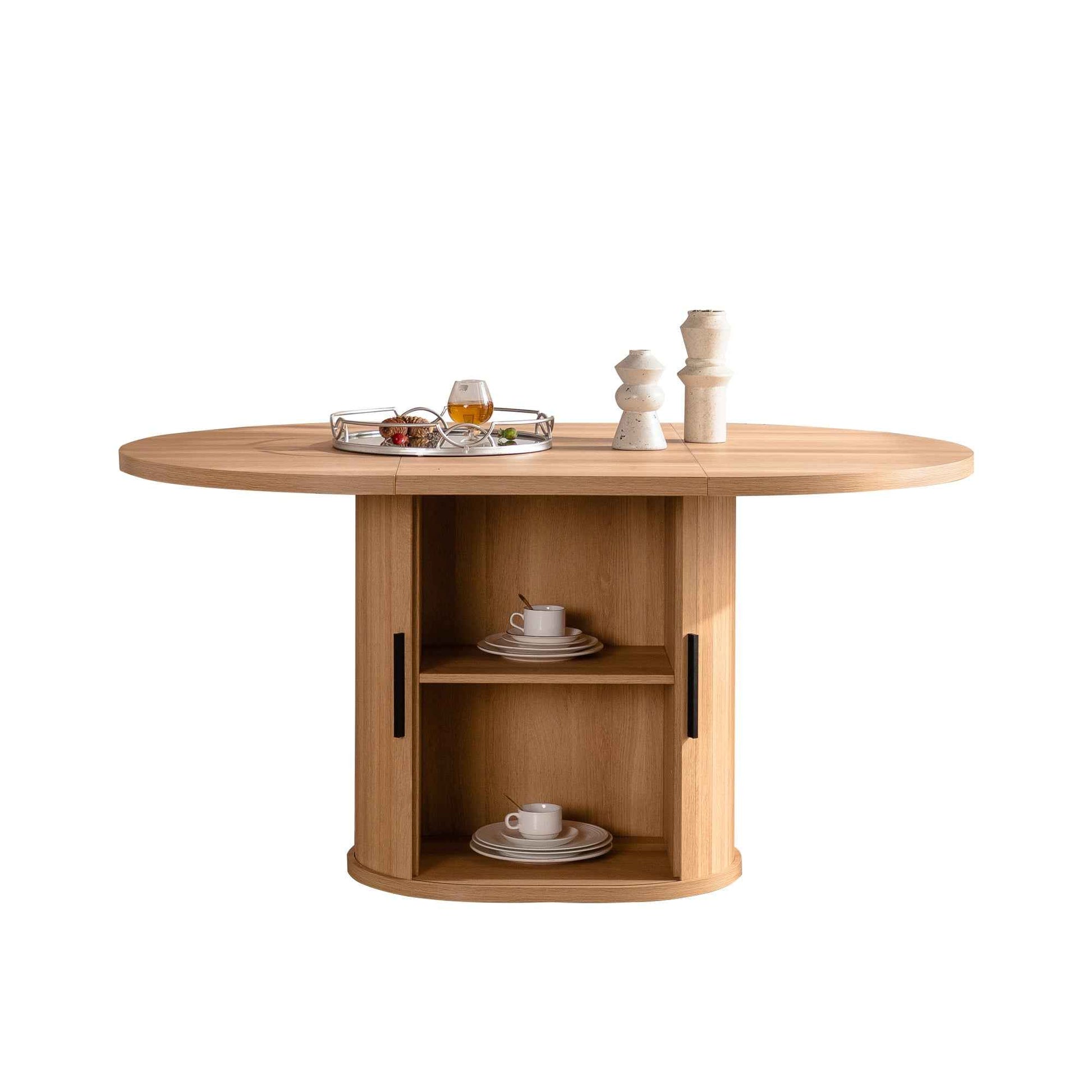 59 Inch Oval Dining Table for 4-6 Oval Table Kitchen Modern Oval Dining Room Table with 2-Layer Storage Shelf and Wood Slide Door Oval Kitchen Tables for Dining Room