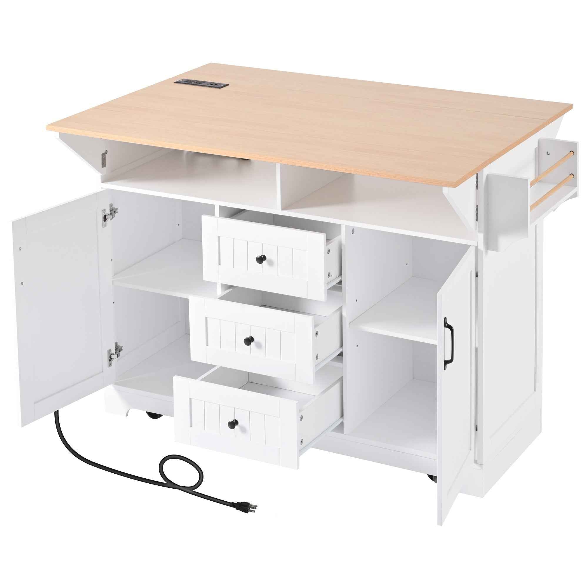 K&K 55.7'' Large Kitchen Island with 2 Drop Leaf,, Rolling Kitchen Cart on 5 Wheels with Power Outlet, Folding Storage Dining Table with Spice & Towel Rack , 3 Drawers, for Kitchen, Dining Room,White