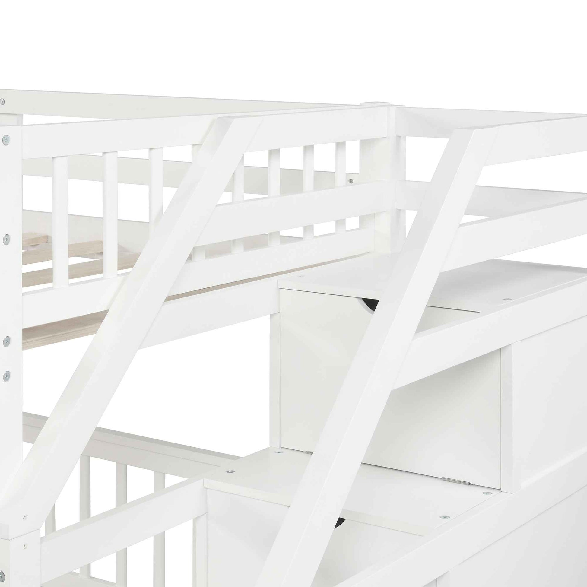 White Twin over Full Loft Bed with Staircase and Storage, Pine Wood + MDF, 97.2''L x 78.4''W x 61.4''H