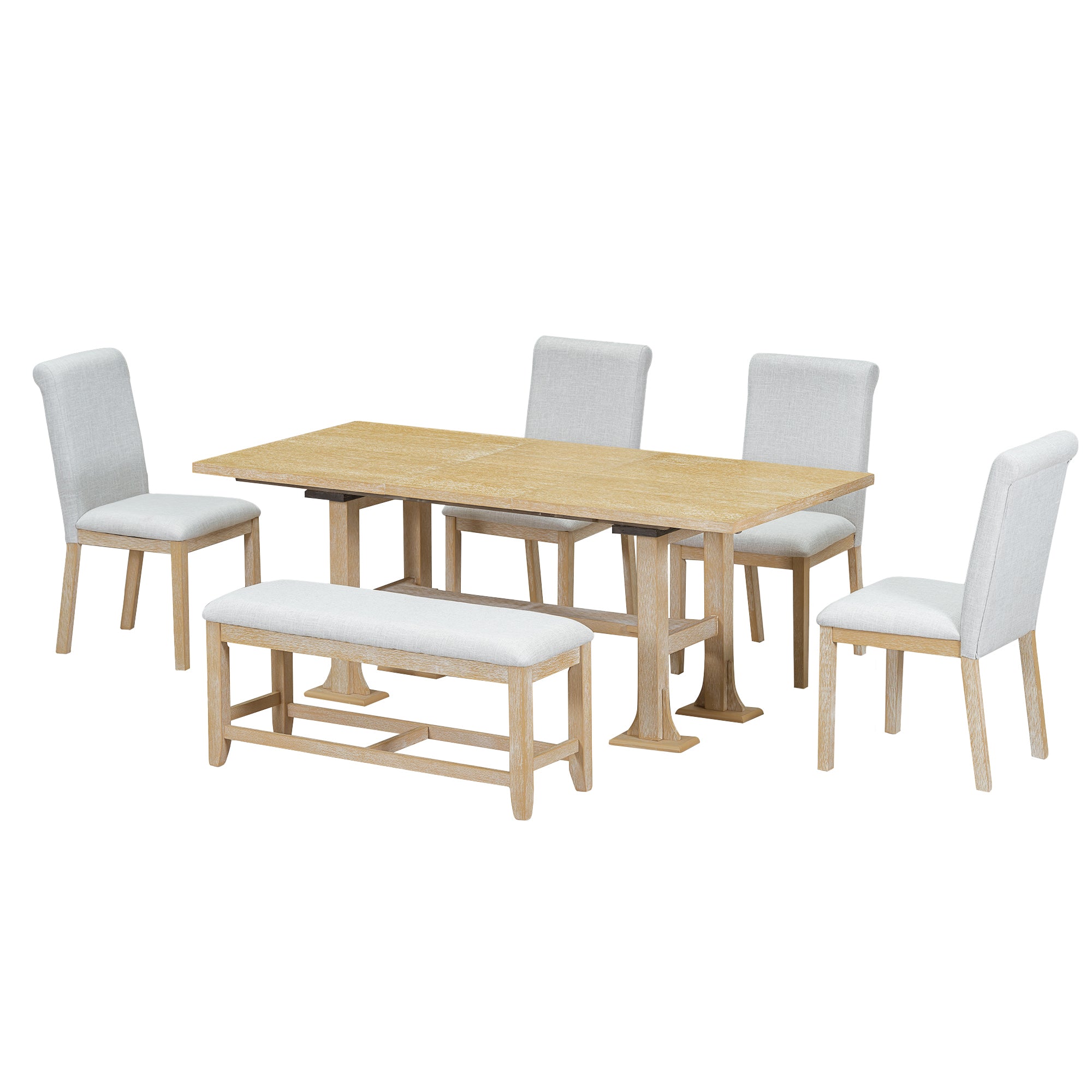 TOPMAX Farmhouse 76inch 6-Piece Extendable Dining Table Set Trestle Kitchen Table Set with 18inch Removable Leaf and Upholstered Dining Chair and Bench for Dining Room, Natural