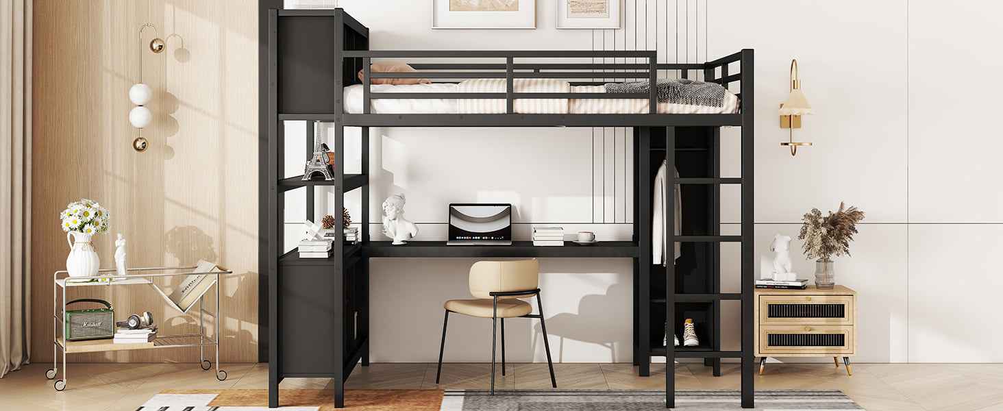 Metal Loft Bed with Wardrobe And L-shaped Desk, Full Size Loft Bed with Storage Cubes and Shelves, Heavy Duty Loft Bed for Kids Teens Adults, Black