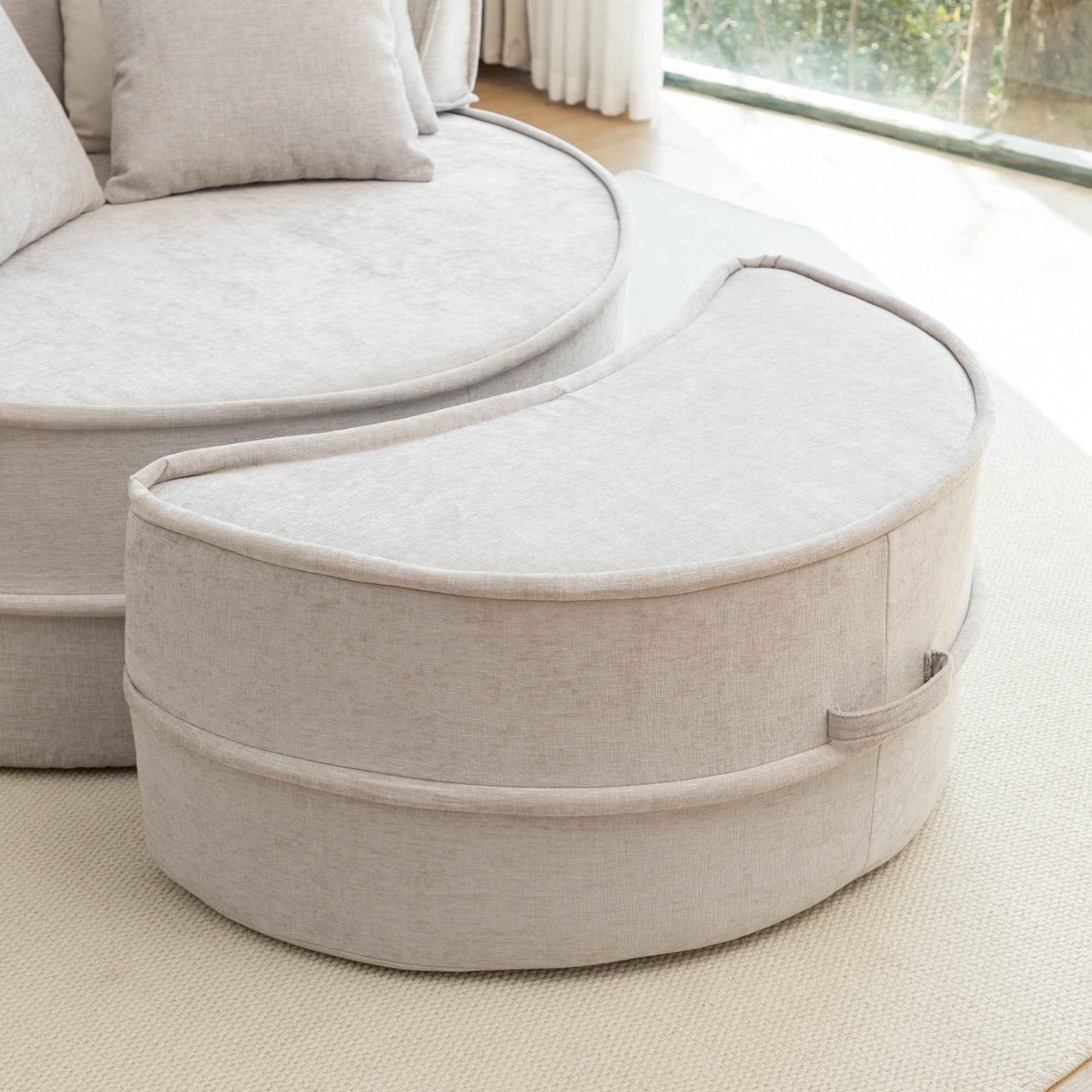 Modern Oversized  Gray Round Barrel Accent Chair with Ottoman – Velvet Upholstered Lounge Armchair with 5 Pillows for Living Room or Bedroom