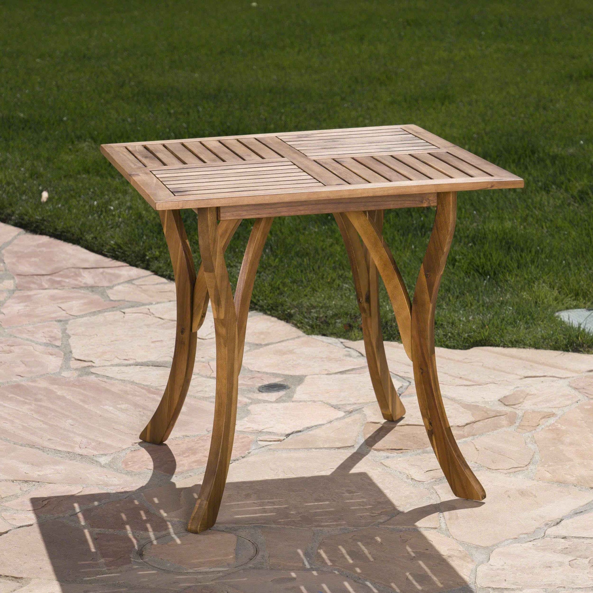Outdoor Square Table with Curved Legs and Perpendicular Wooden Slats Table Top, Teak
