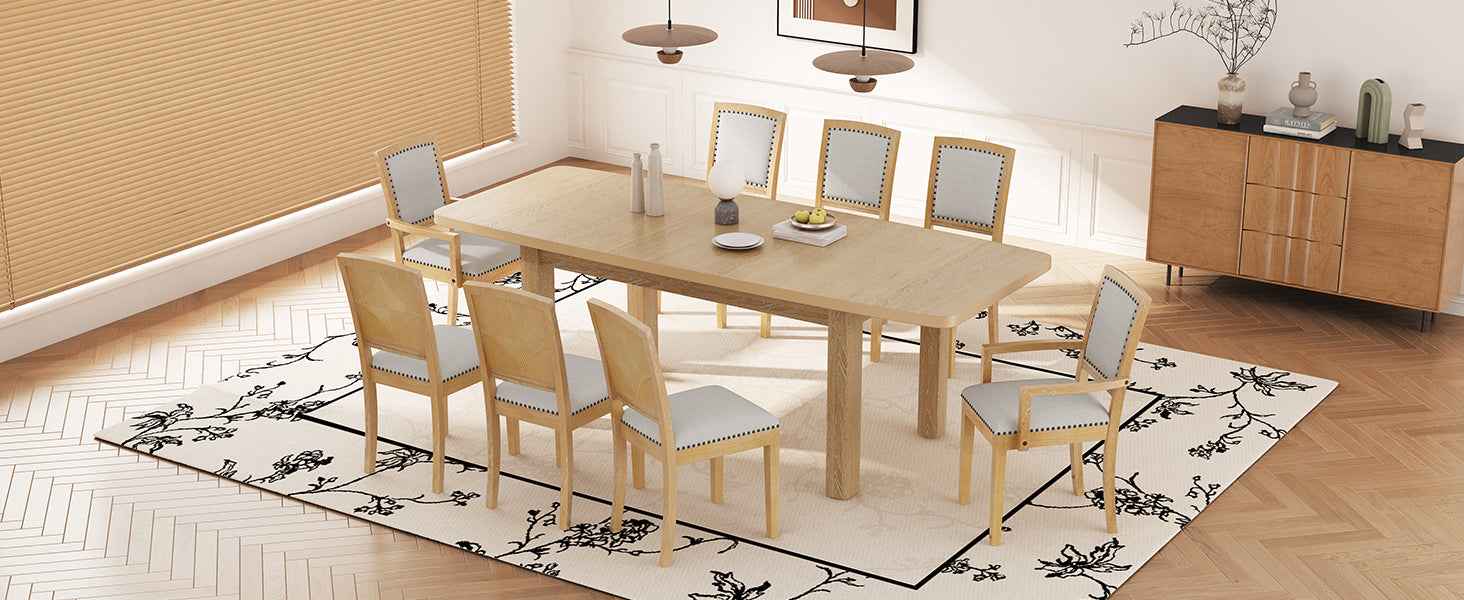 TOPMAX Rustic Extendable Dining Table Set with Removable Leaf, 6 Upholstered Armless Dining Chairs and 2 Padded Arm Chairs, Natural