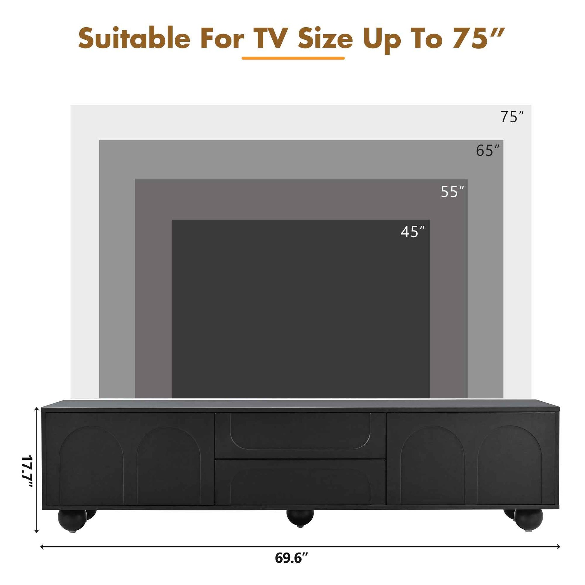 ON-TREND Cream Style TV Stand with Arched Doors & 2 Drawers for TVs up to 75', Minimalist Media Console with Rebound Device, Entertainment Center with 5 Iron Round Legs for Living Room, Bedroom, Black
