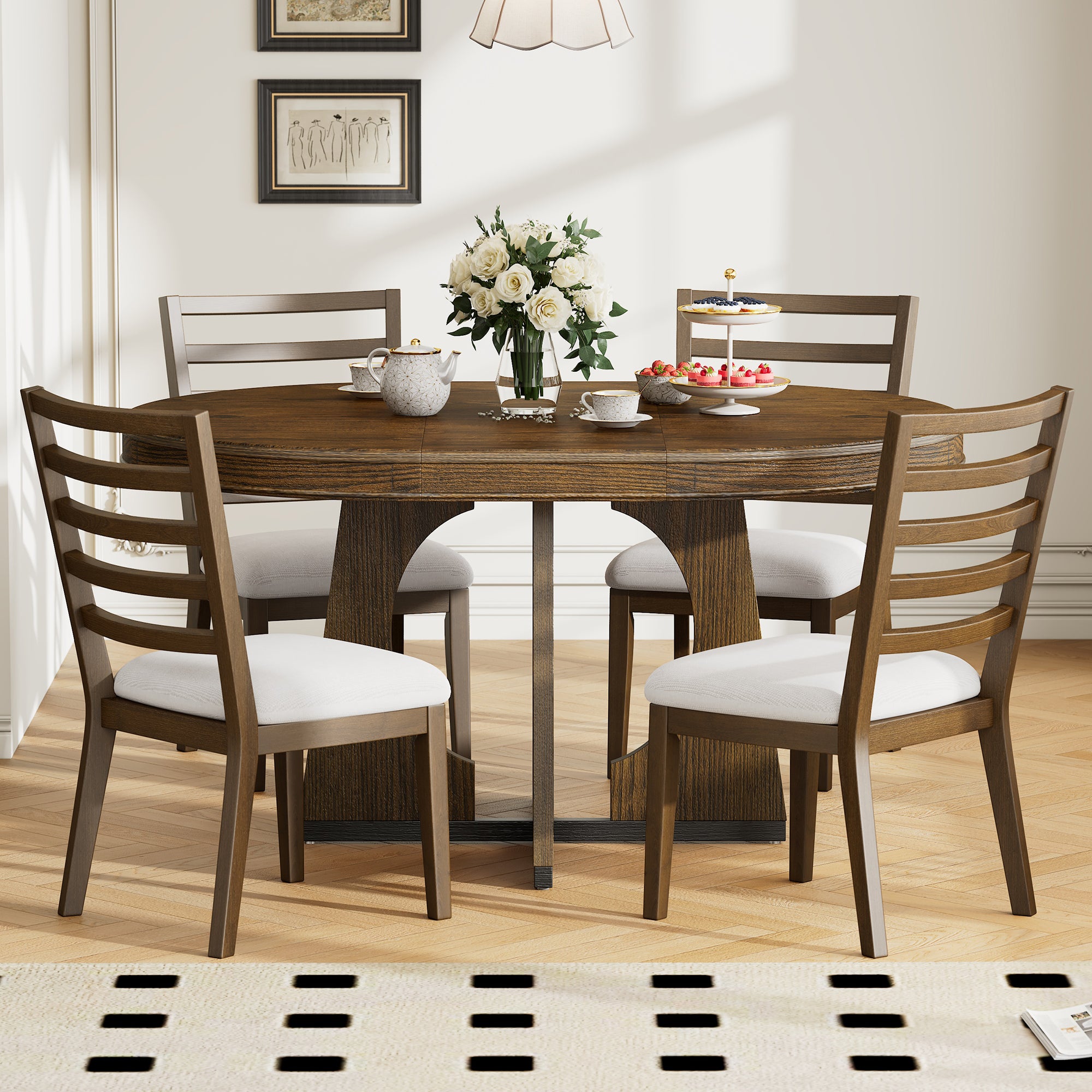 TREXM 5-Piece Retro Rustic Functional Dining Set Unique Geometric Design, 1 Extendable Table with a 16-inch Leaf and 4 Upholstered Chairs Ideal for Dining Room and Kitchen (Walnut)