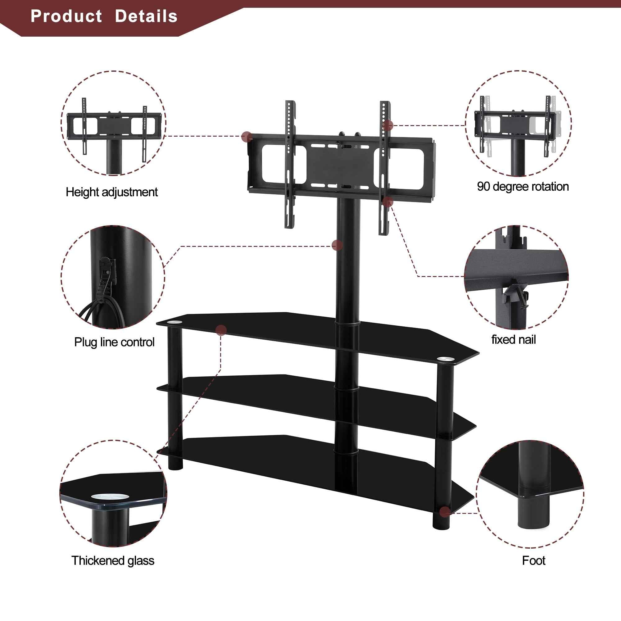 Modern Black Multi-function TV Stand with Height Adjustable Swivel Bracket and 3-Tier Tempered Glass