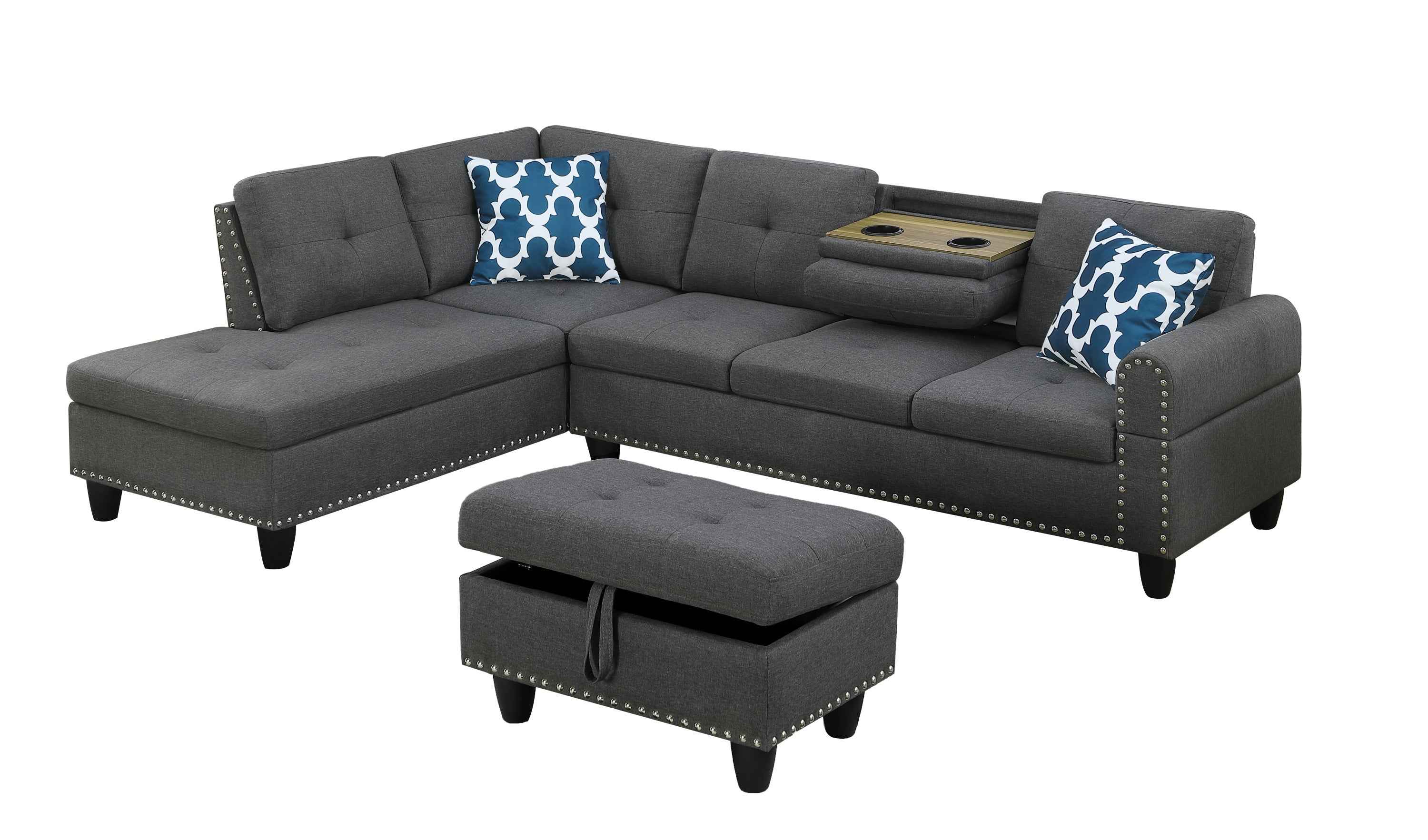 Cup - holder Console - Featured Corner Sofa in Charcoal - Dark Gray