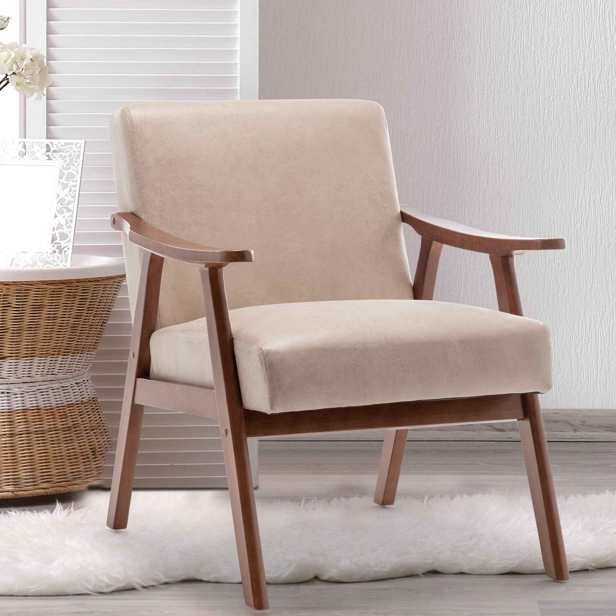 Mid-Century Modern Wingback Accent Chair with Solid Wood Frame and Extra-Thick Backrest – Lounge Chair for Living Room, Bedroom, or Reading Room
