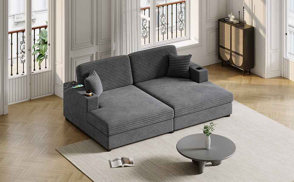 Oversized Loveseat Chaise Lounge Sectional Sofa Bed with USB Ports, Cup Holders, Throw Pillows, Dark Gray Corduroy, 86.5'