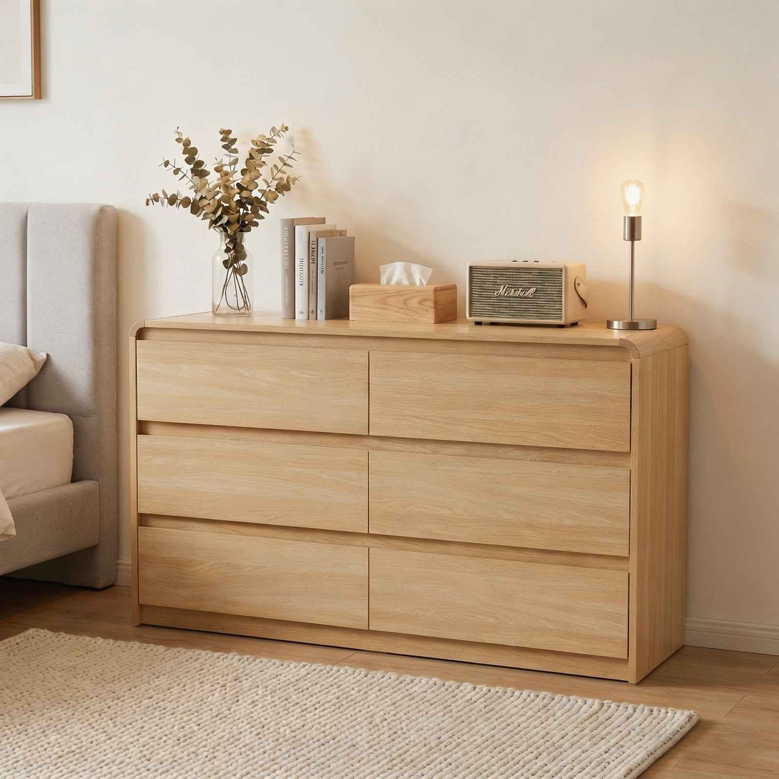 6 Dresser for Bedroom, Modern 6 Drawer Dresser with Spacious Countertop, Wood Storage Cabinet with Concealed Handles & Rounded Corner Design, Wood Dressers for Bedroom,Living Room, Wood