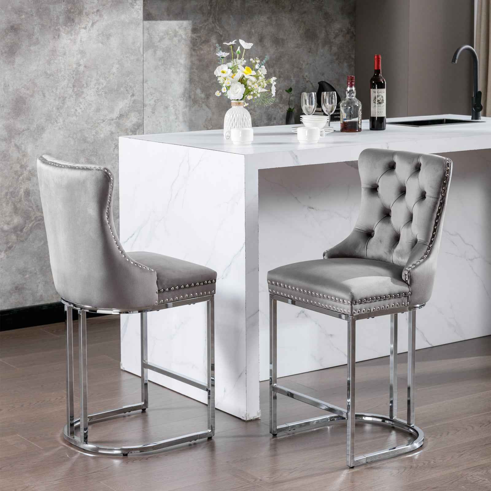 26' Counter Height Bar Stools Set of 2, Modern Velvet Barstools with Button Back&Rivet Trim Upholstered Kitchen Island Chairs with Sturdy Chromed Metal Base Legs Farmhouse Bar Stools, (Gray,2 Pack)