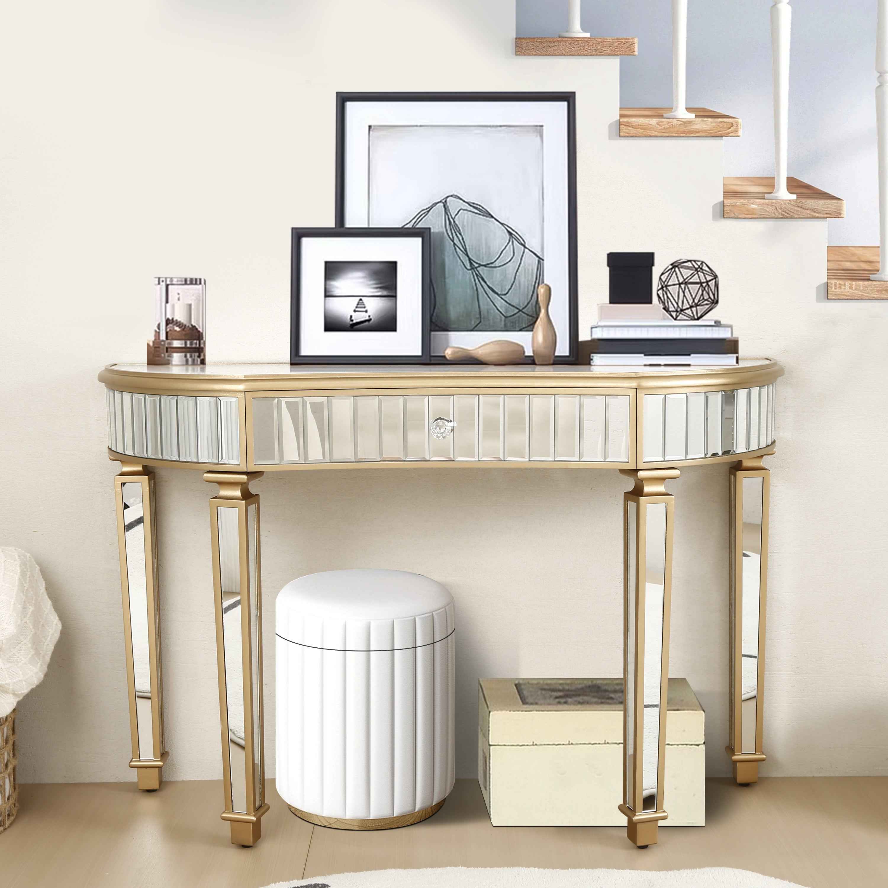 47' Half-Moon Mirrored Console Table with Fluted Glass & Crystal Knob Drawer - Silver Entryway Vanity Desk for Bedroom/Dressing Room(Gold+Sliver)