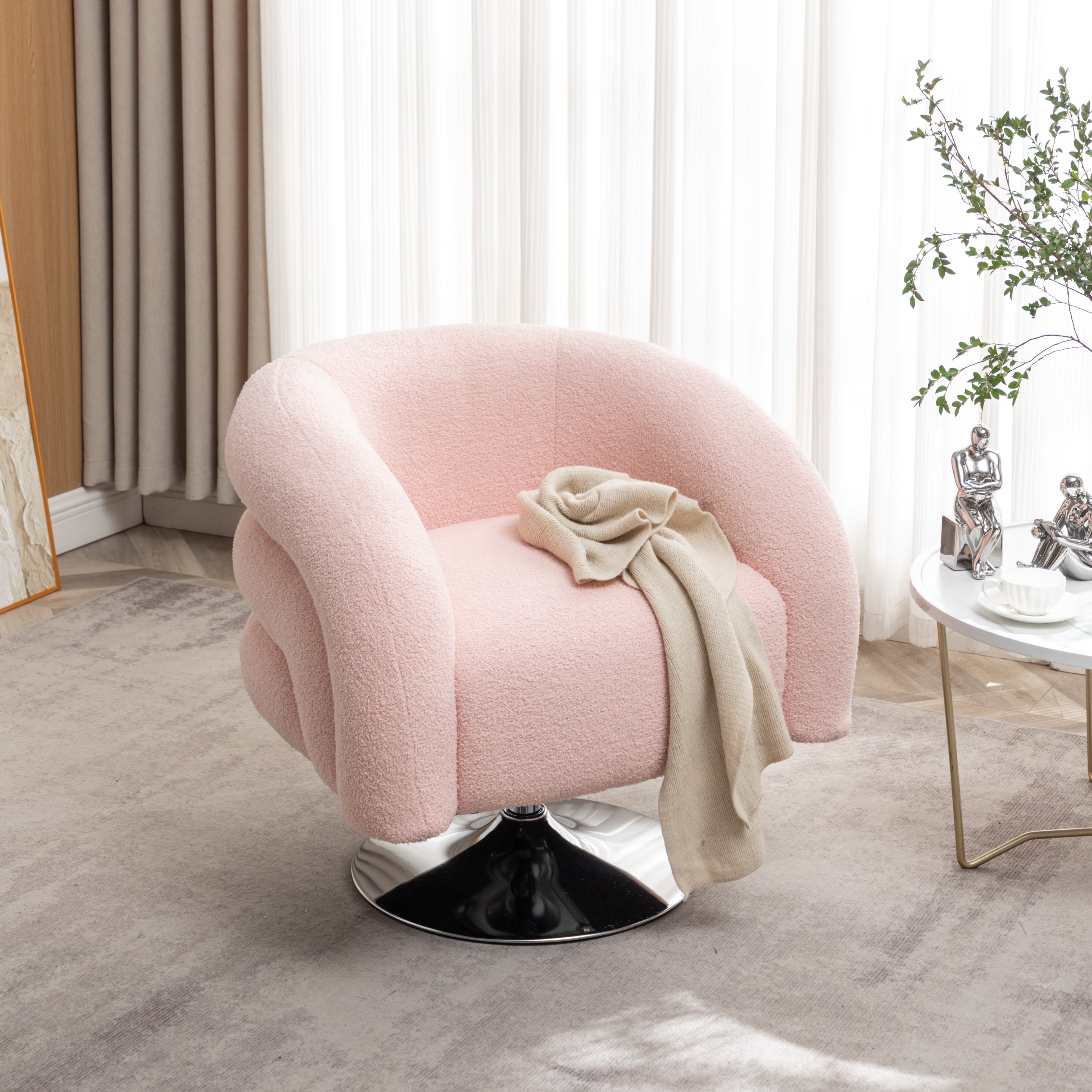 Modern style pink single swivel sofa chair, Teddy upholstered single sofa with round and fluffy reading chair, suitable for living room, bedroom, corner.