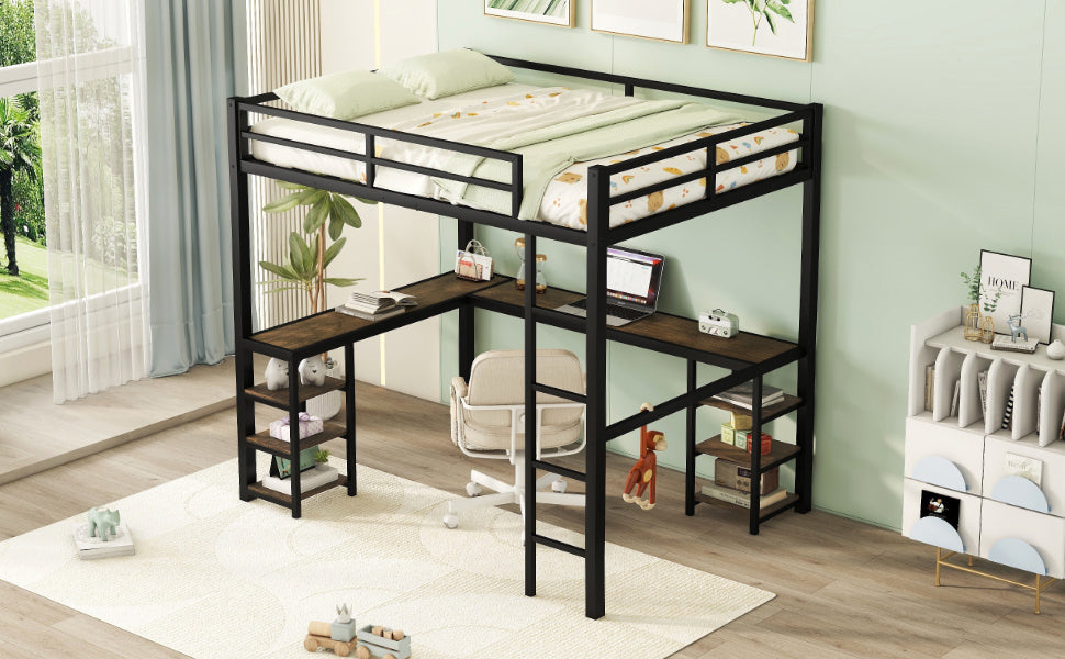 Full Metal Loft Bed with Desk and Shelves, Loft Bed with Ladder and Guardrails, Loft Bed Frame for Bedroom, Black (Old SKU: W1307S00018)