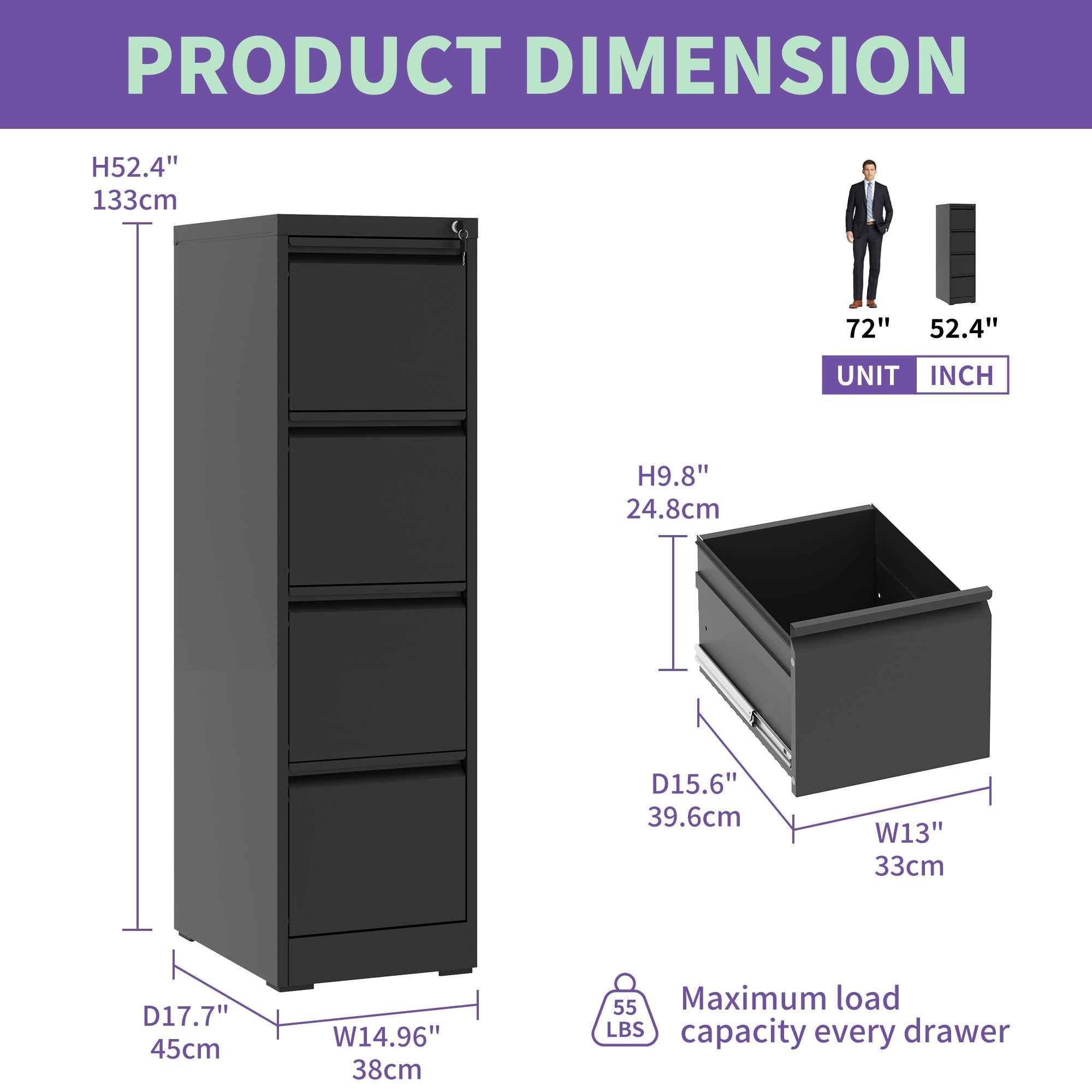 SteelCraft Pro 4 Drawer Metal Vertical File Cabinet with Lock for A4 Legal/Letter Size, Black Metal