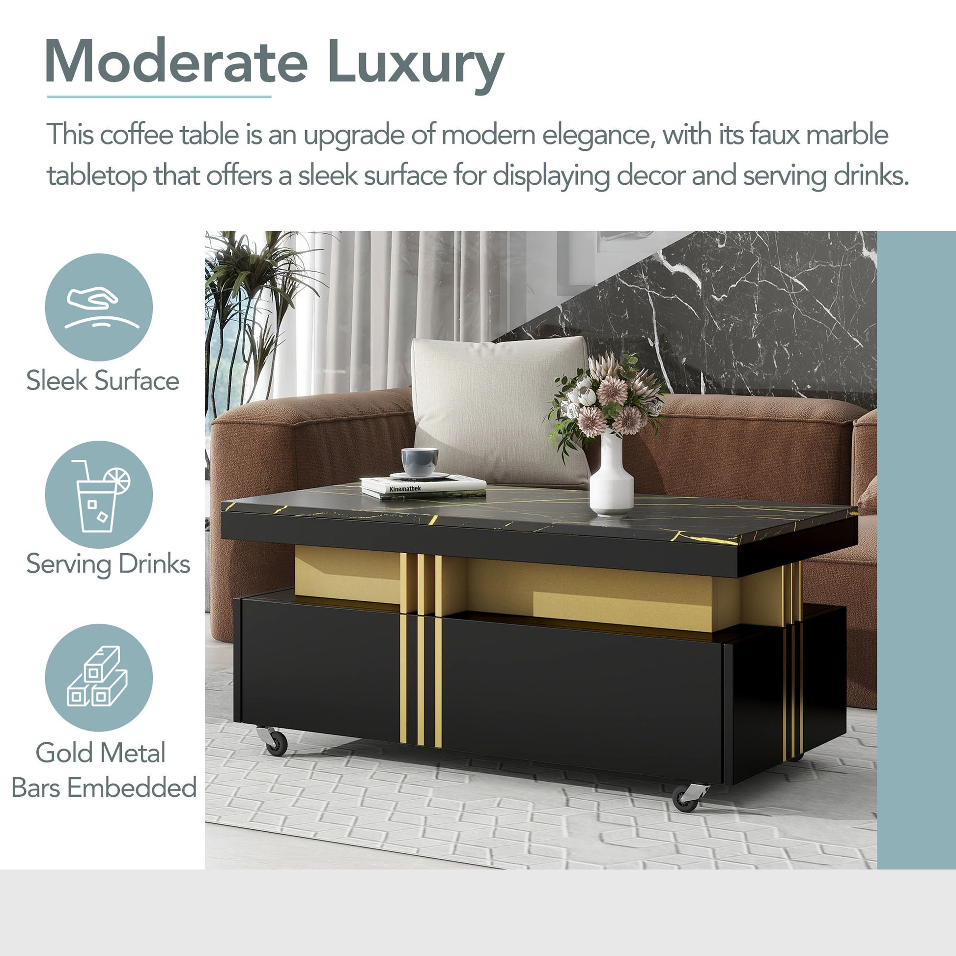 [VIDEO provided] ON-TREND Contemporary Coffee Table with Faux Marble Top, Rectangle Cocktail Table with Caster Wheels, Moderate Luxury Center Table with Gold Metal Bars for Living Room, Black - Abrihome