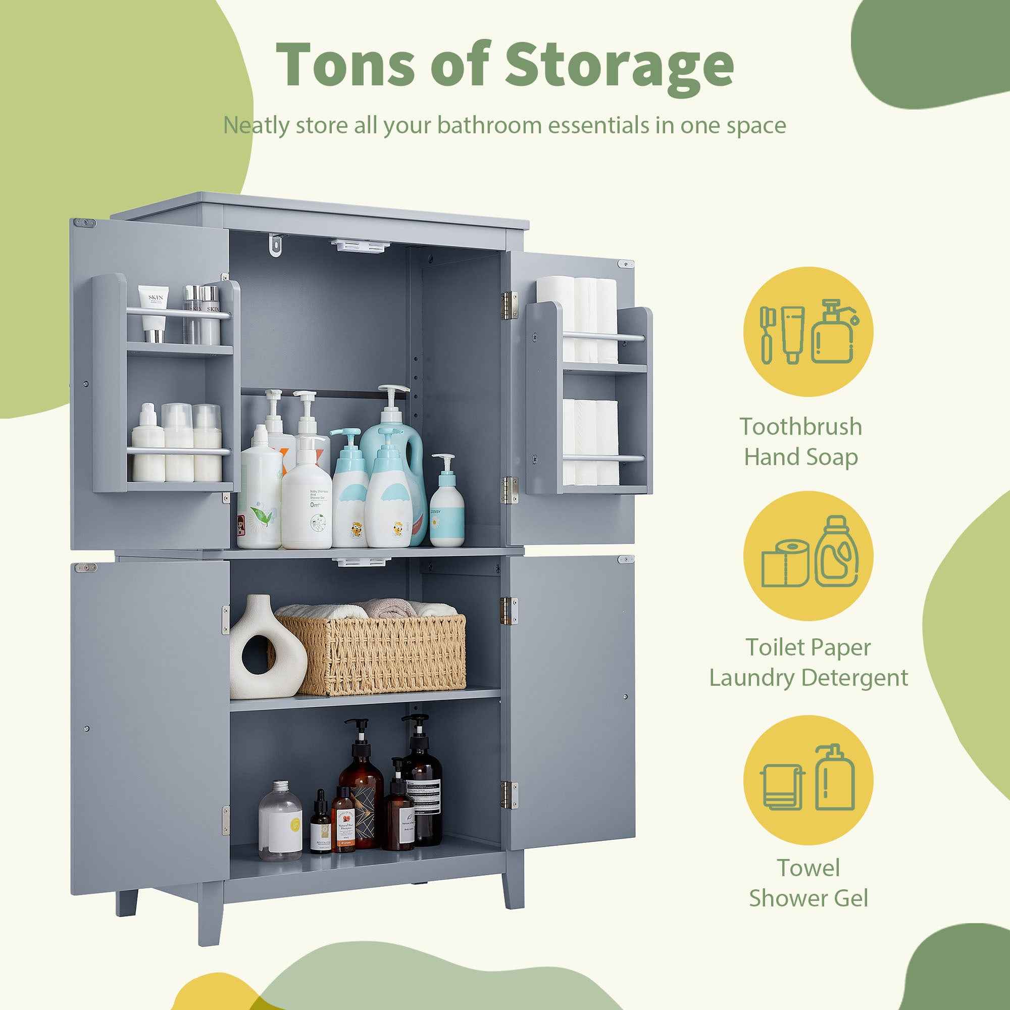 Elegant Bathroom Floor Storage Cabinet, Bathroom Storage Unit, Freestanding Cabinet with 4 Doors, Adjustable Shelves, Adaptable Shelves, Grey