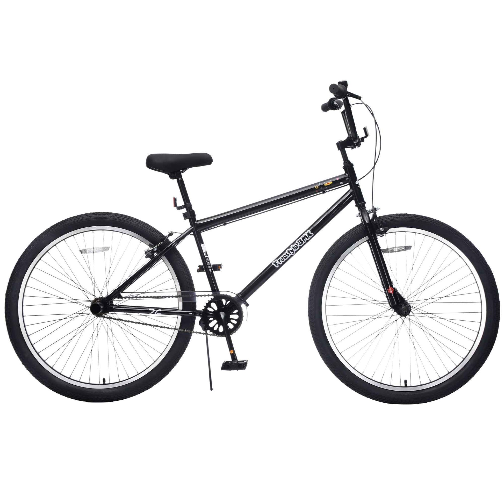 26 Inch Freestyle Bike for Teens, Steel Frame Single-Speed Bicycle with 2 Pegs , Front Caliper Brake and Rear V Brake, Bicycle for Boys and Girls Ages 14+