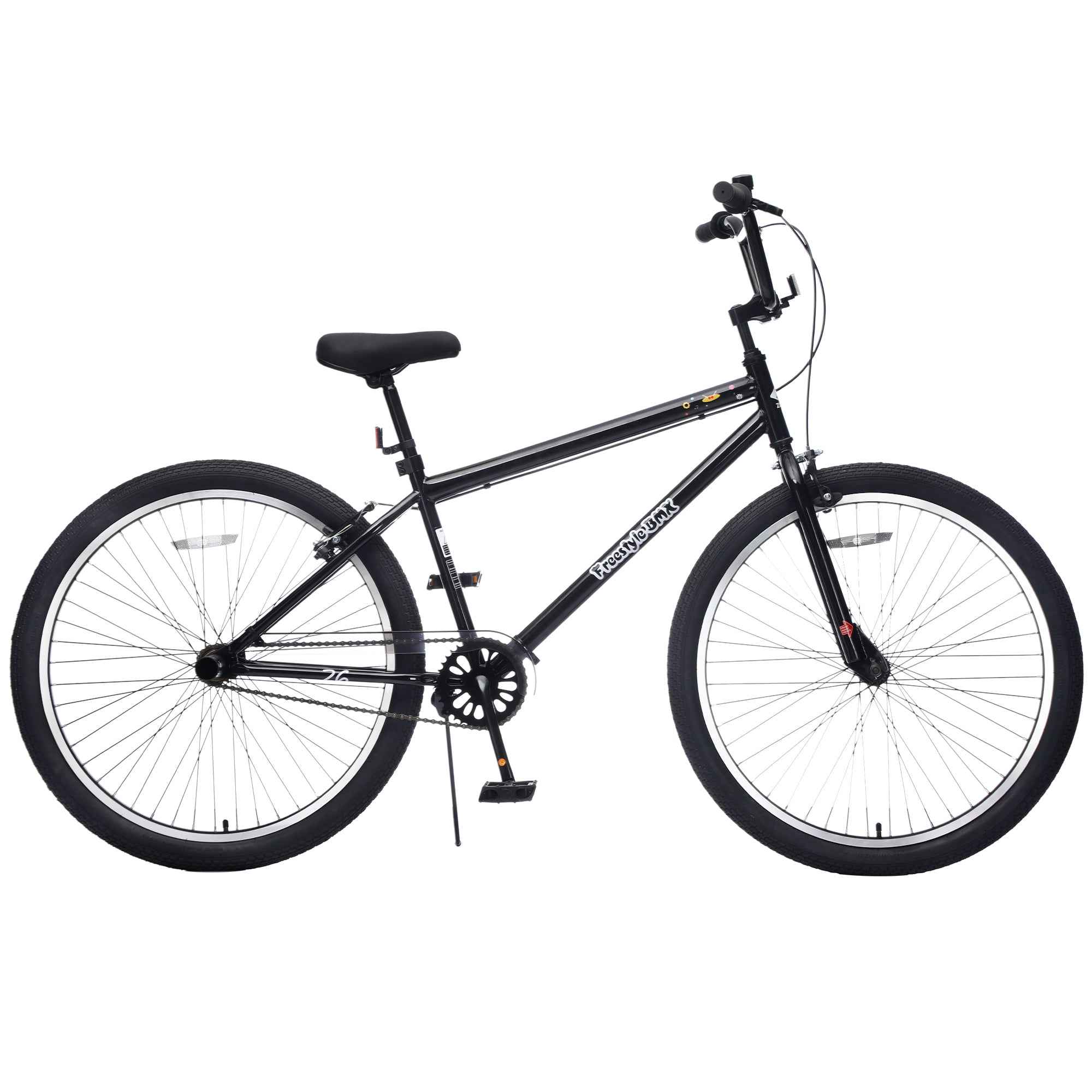 26 Inch Freestyle Bike for Teens, Steel Frame Single-Speed Bicycle with 2 Pegs , Front Caliper Brake and Rear V Brake, Bicycle for Boys and Girls Ages 14+