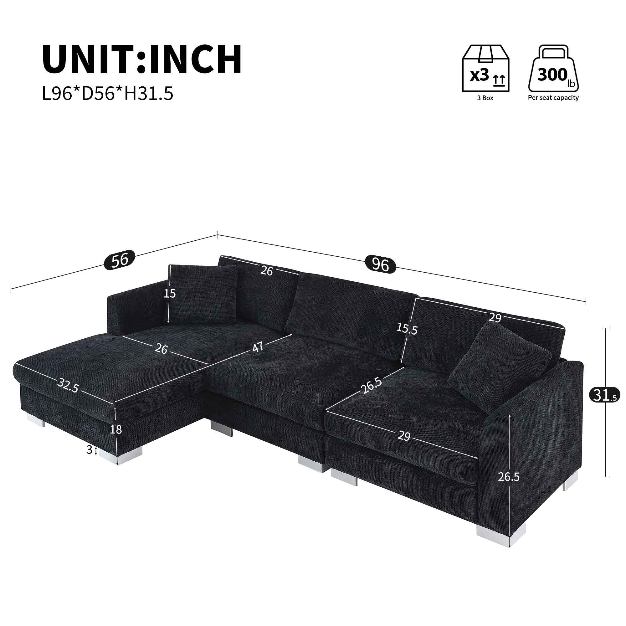 Modern Cloud L-Shaped Sectional Sofa with Chaise, Chenille Fabric, 3 Colors, 96*56 inches