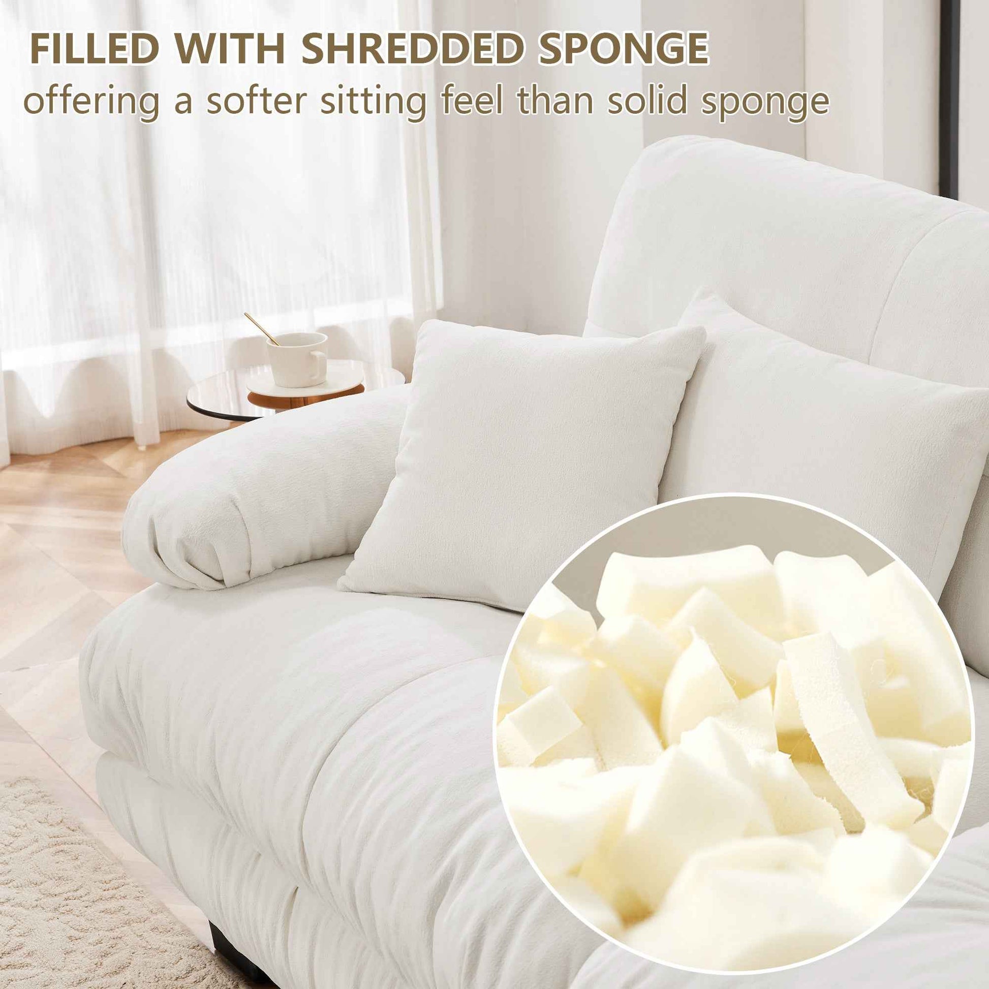 Cloud Couch Sectional Sofa for Living Room, Chenille 2 Seater Sofa with 2 Lumbar pillows and 2 throw pillows , Upholstered Wide Arm Sofa with Convertible Ottoman,Chenille White