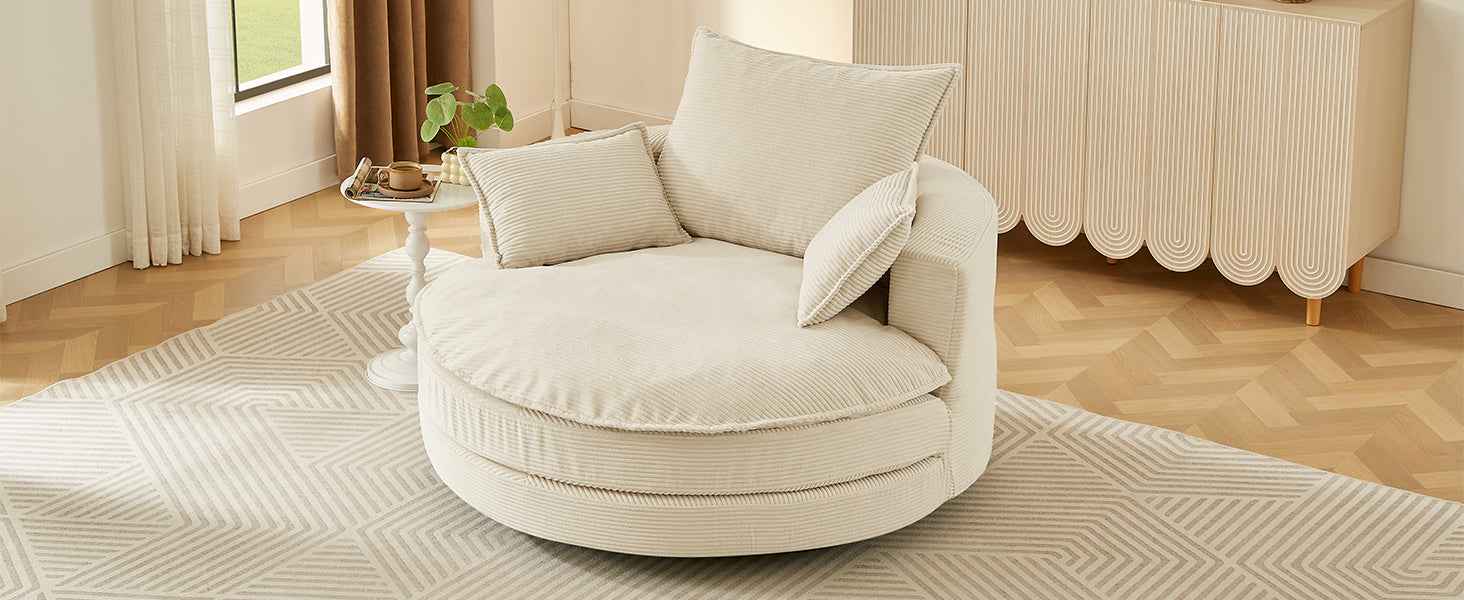 Accent Barrel Chair 360° Swivel Sofa Chair with Dual-layer Cushion and 3 Removable Pillows, Beige Corduroy, 57.5'