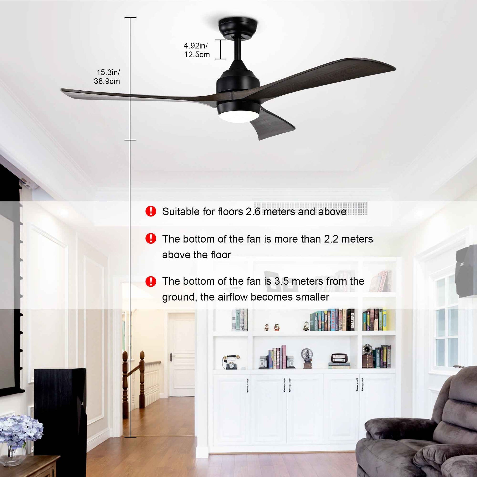 52' Ceiling Fan with Lights Remote Control,Quiet DC Motor 3 Blade Ceiling Fans 6 Speed Levels,Reversible Ceiling Fan, for Patio Living Room, Bedroom, Office,Indoor.(Matte Black +Black Walnut )