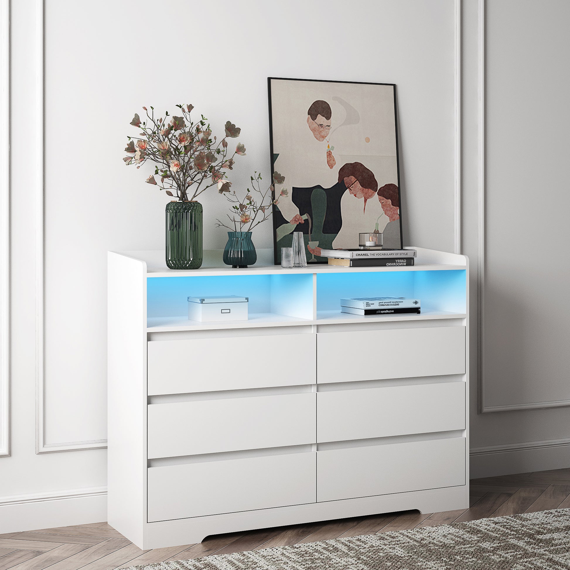 6 Drawer Dresser, White Dresser for Bedroom with LED Lights, Modern Dressers & Chests of Drawers with Sturdy Frame for Living Room, Entryway, Hallway - Abrihome