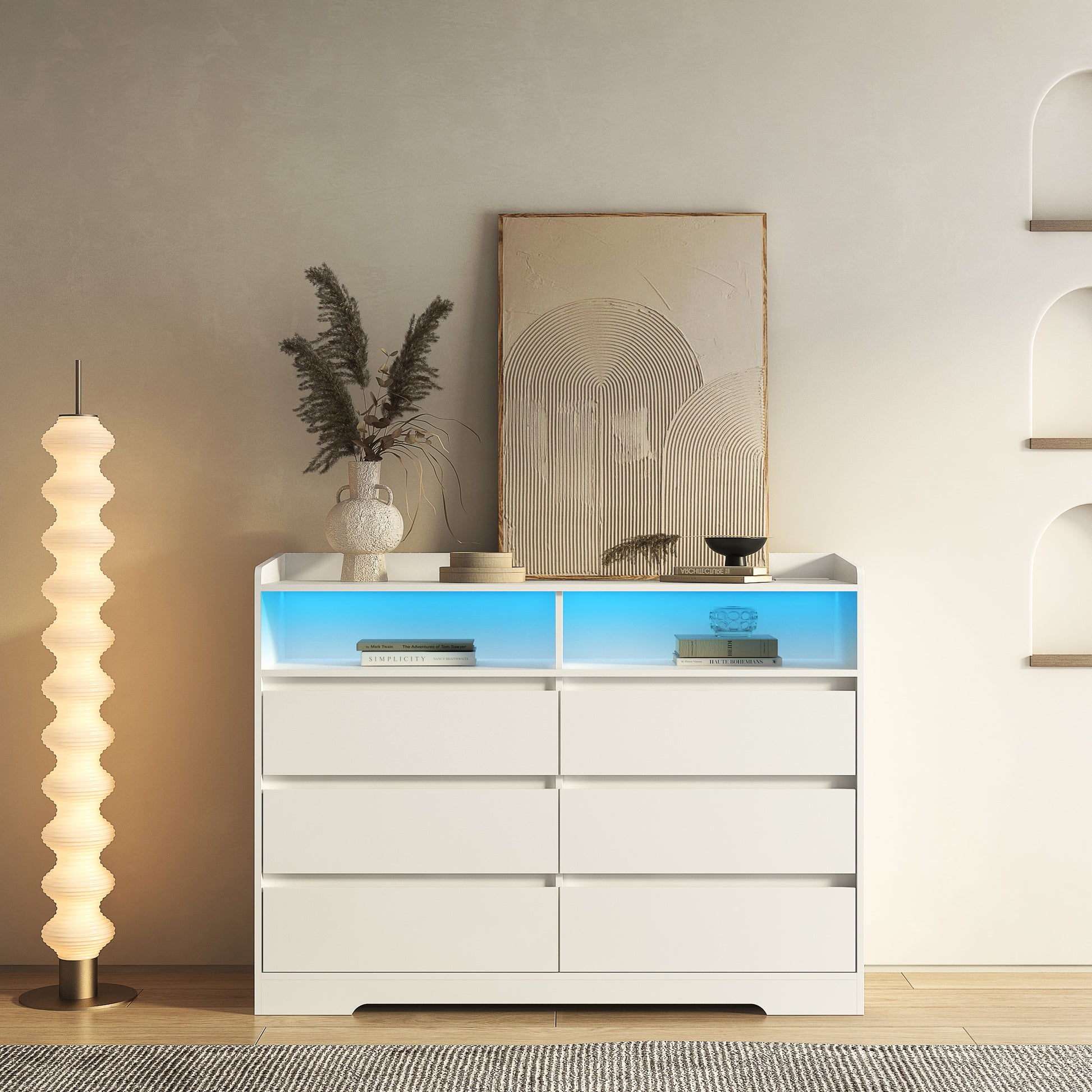 6 Drawer Dresser, White Dresser for Bedroom with LED Lights, Modern Dressers & Chests of Drawers with Sturdy Frame for Living Room, Entryway, Hallway - Abrihome