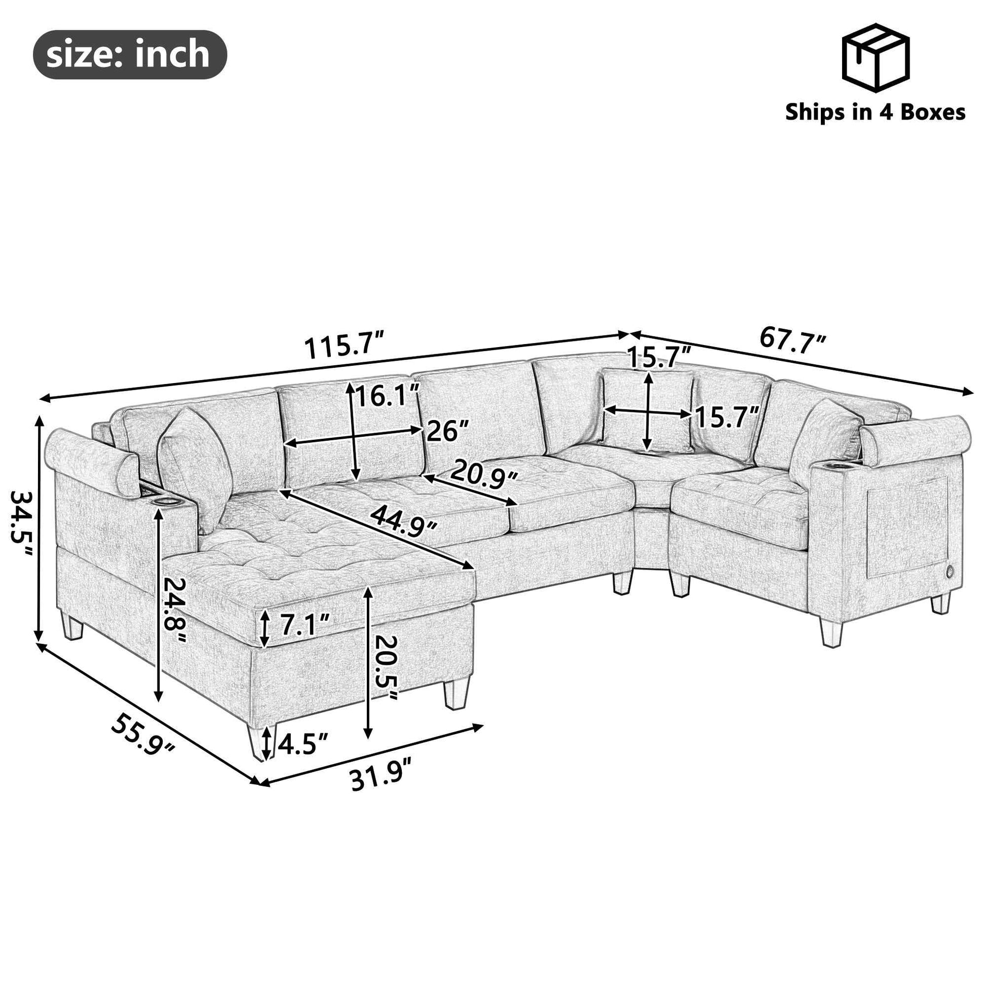 Modern U-shaped Sectional Sofa 115.7' with Built-in Cup Holders, Storage, USB Ports in Beige Chenille Fabric