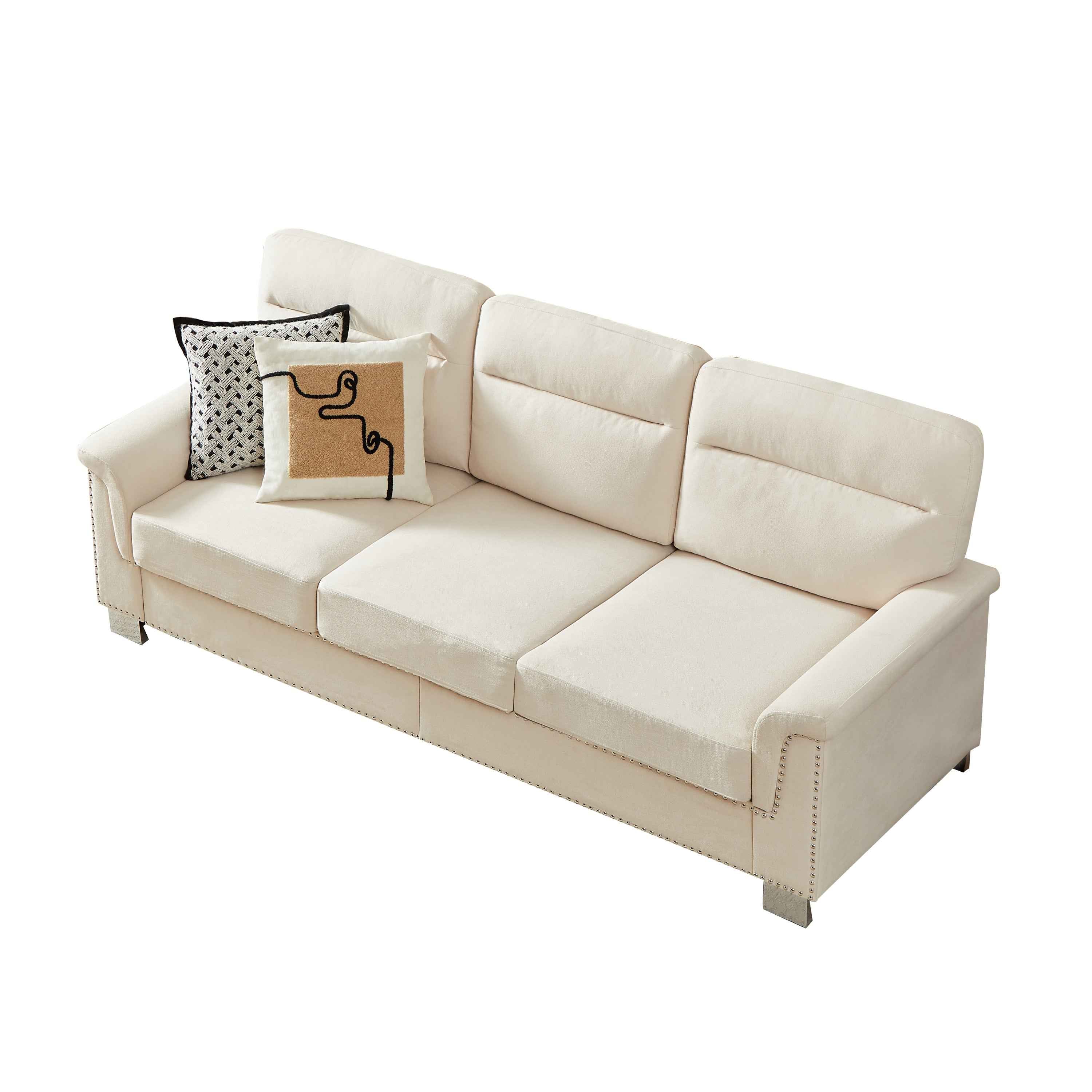 Modern Compressed Snowfleece Fabric 3-Seater Sofa in Beige, High-Density Foam Cushion with Solid Wood and Iron Frame, Ideal for Living Room, Bedroom, Office & Entertainment Spaces
