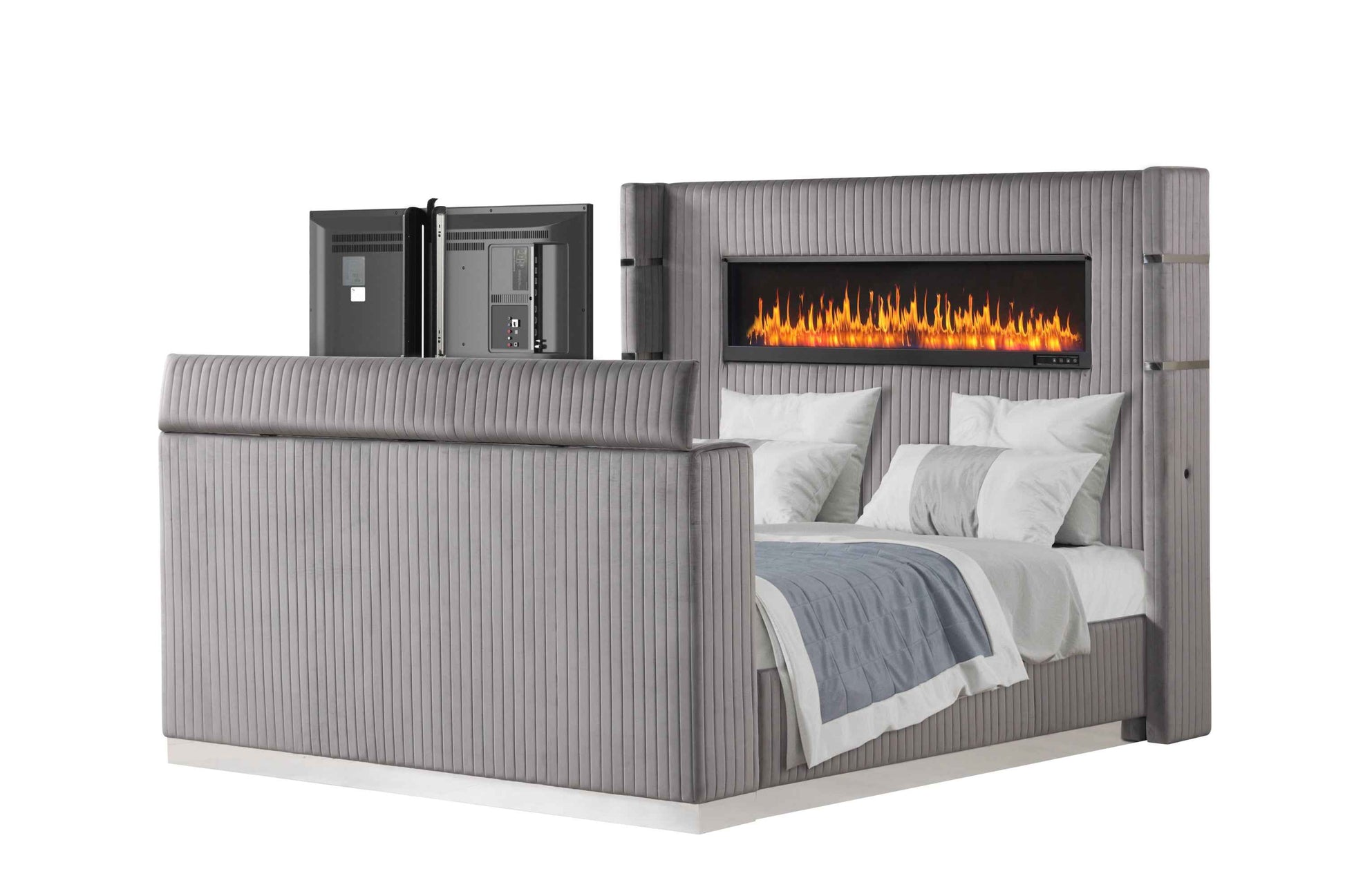 Lavish Modern Style Queen Bed Made with Fireplace in Headboard & TV stand in Footboard with Wood in Grey (NJ Inventory)