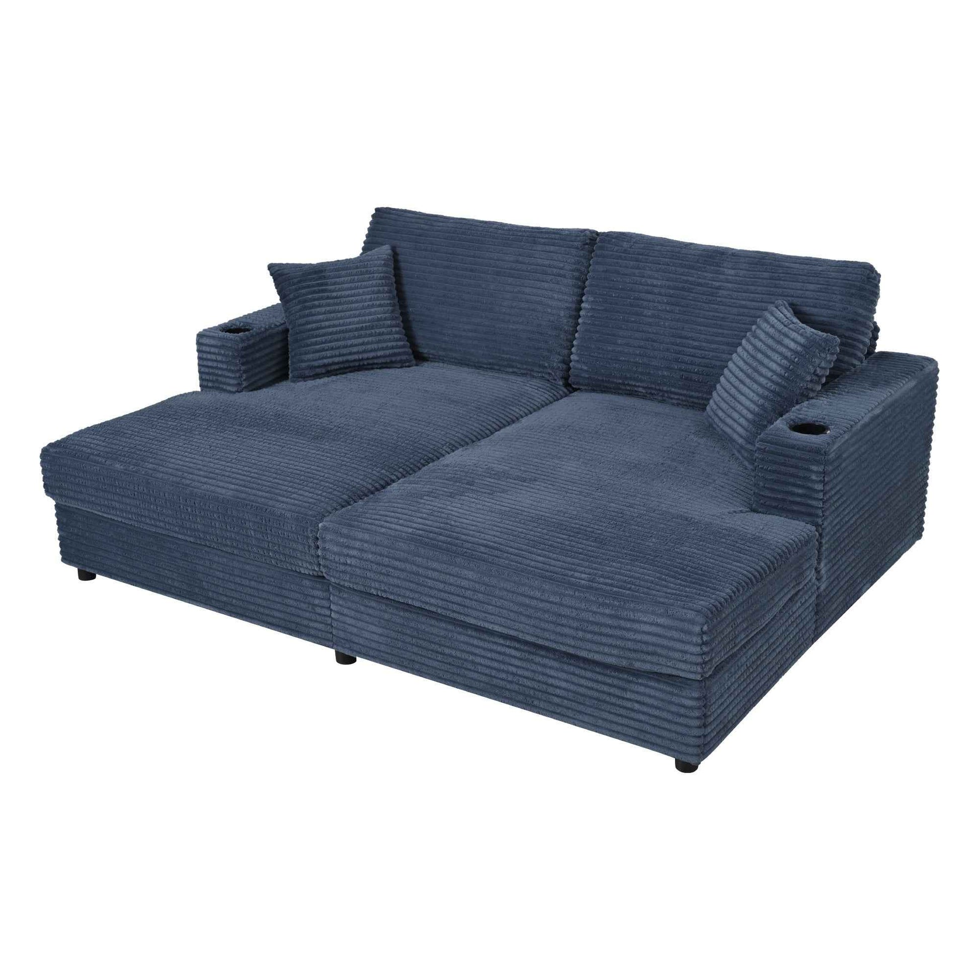 Oversized Loveseat Chaise Lounge Sectional Sofa Bed with USB Ports, Cup Holders, and Throw Pillows, Blue Corduroy