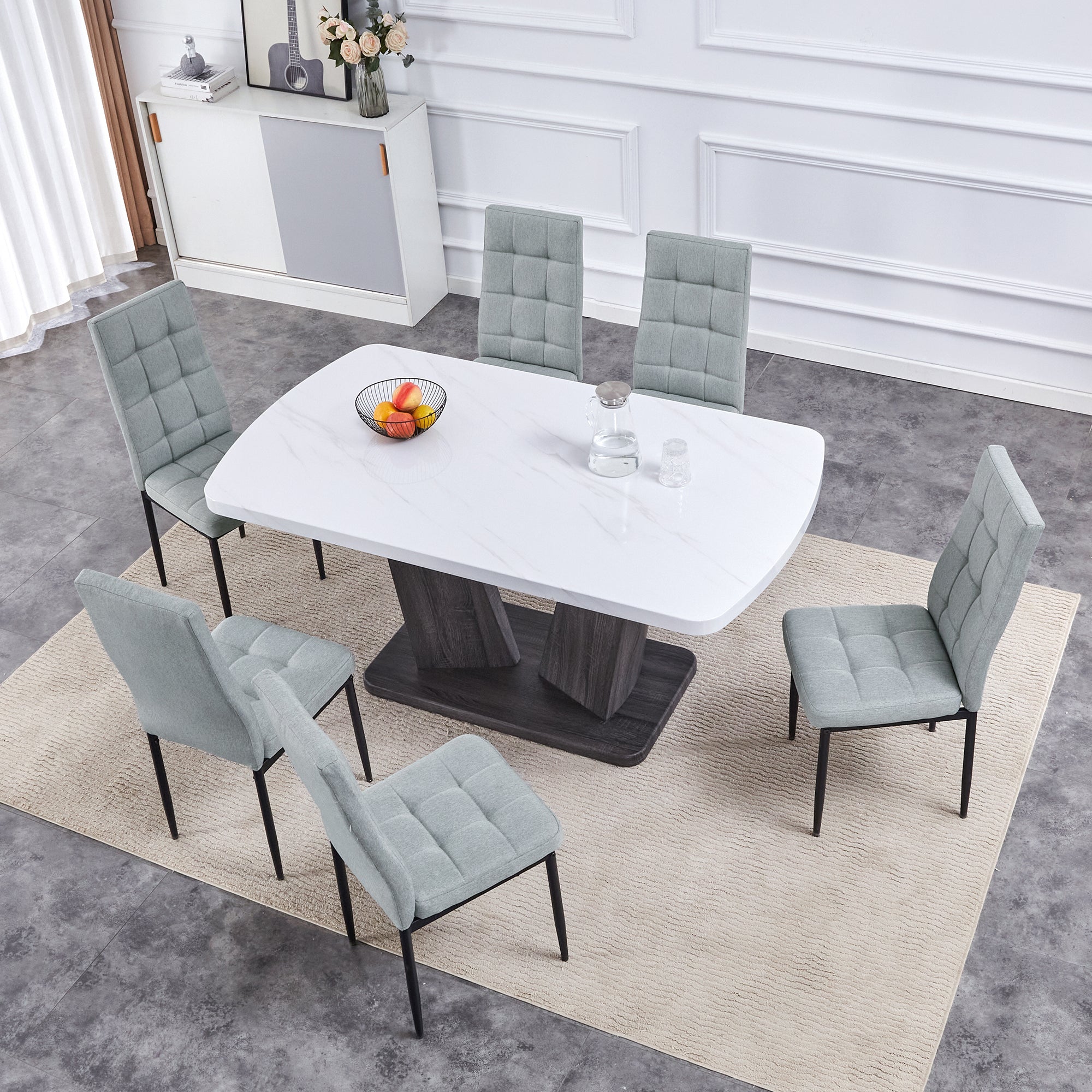 Modern Dining Table Set for 6, 7 Piece Dining Set, 63" Rectangle Kitchen Table with 6 Upholstered Chairs, 1.8" Thickness Tabletop and V-shaped Table Legs, White Faux Marble Dining Set for Kitchen Room