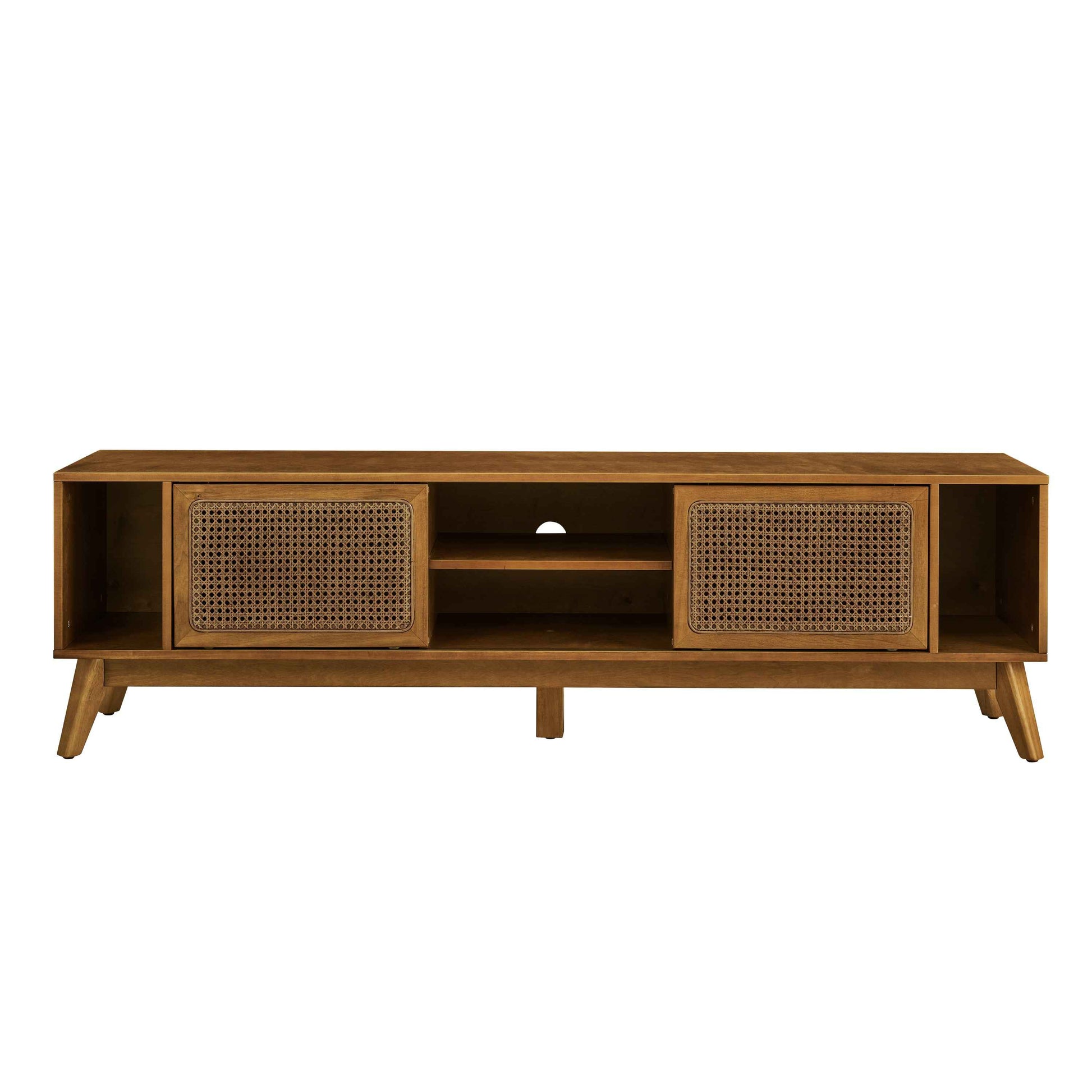 67.9 Inch Mid Century Modern Rattan TV Stand for TVs up to 75', Entertainment Cabinet, Media Console for Living Room Media Room, Solid Wood Feet & Rattan Cabinet Doors - Light Walnut