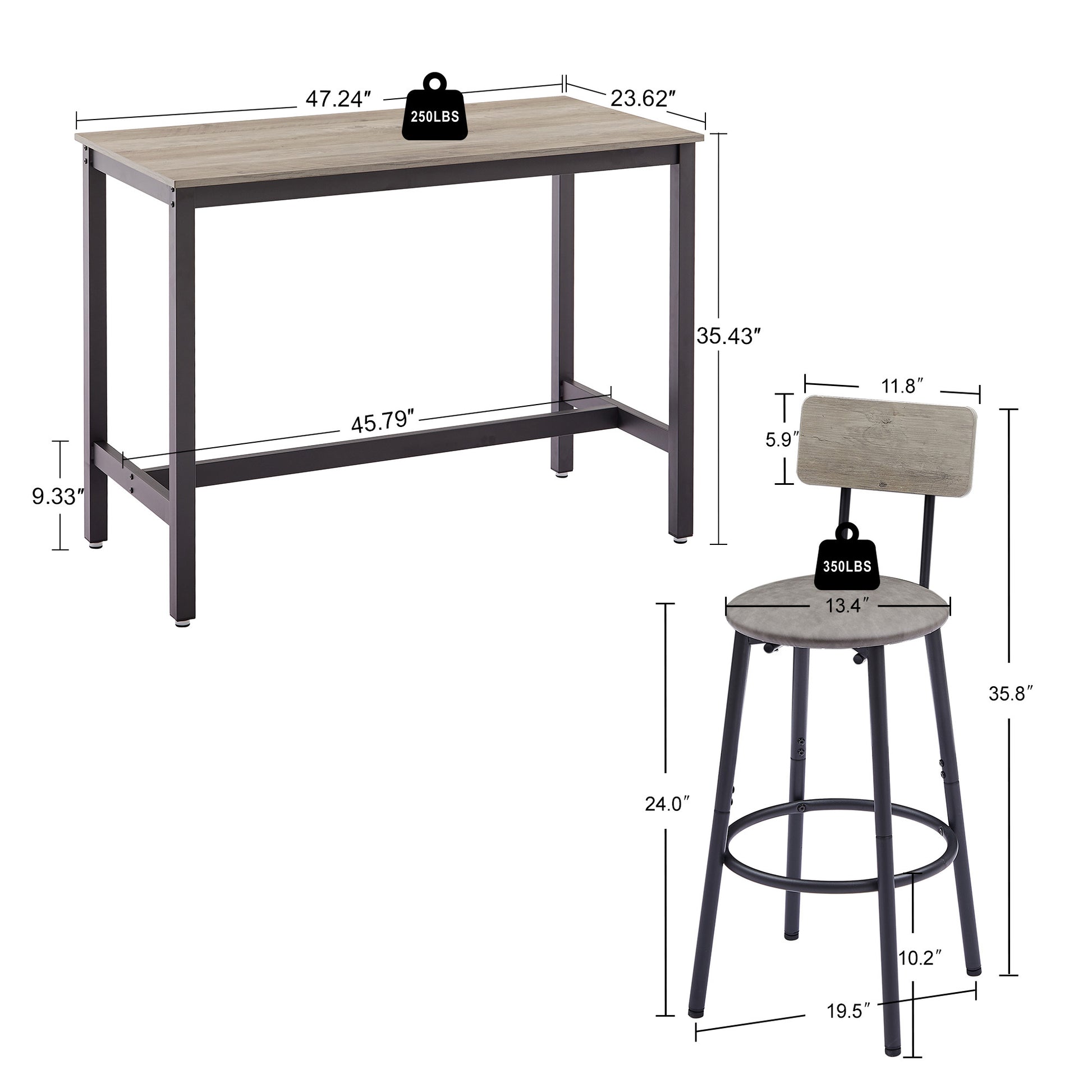 Bar Table Set with 4 Bar stools PU Soft seat with backrest, Grey, 47.24'' L x 23.62'' W x 35.43'' H - Abrihome