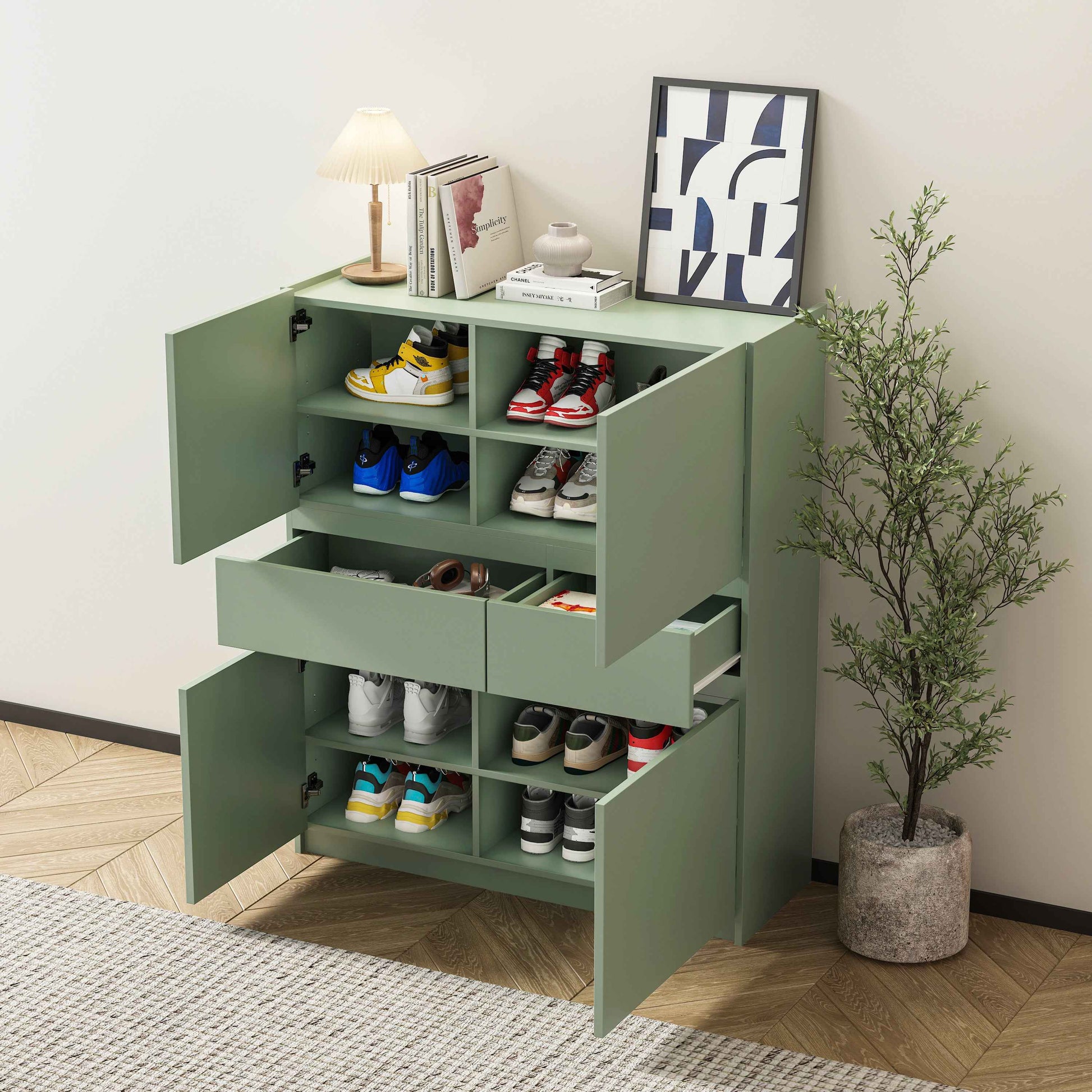 Green wooden storage cabinet with 4 doors and 2 drawers